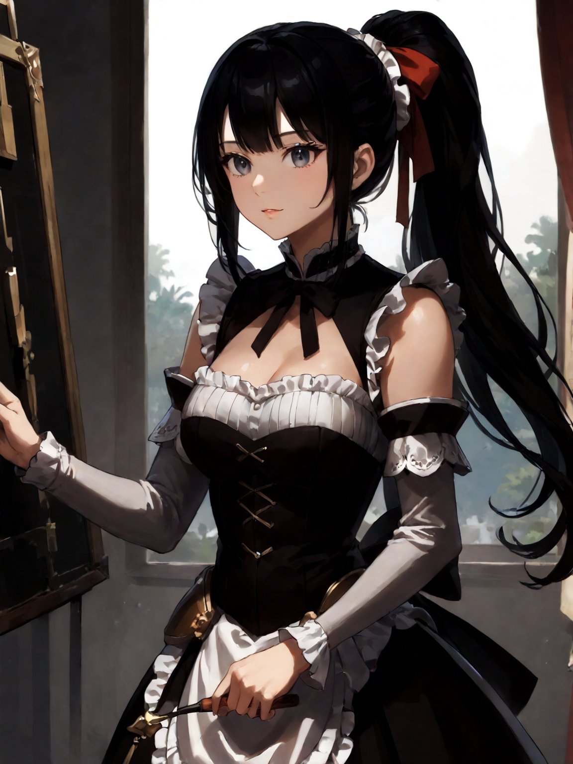 score_9,score_8_up,score_7_up,score_6_up, masterpiece, best quality, highres
,//Character, 
1girl,narberal gamma \(overlord\), long hair, black hair, glay eyes, bangs, ponytail, medium breats
,//Fashion, 
maid
,//Background, 
,//Others, ,Expressiveh, 
A girl painting the night sky with a gigantic paintbrush, creating stars and galaxies with each stroke.