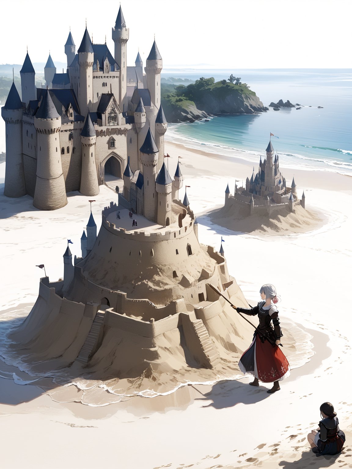 masterpiece, best quality, highres
,//Character, 
1girl, solo
,//Fashion, 
,//Background, white background
,//Others, ,Expressiveh, 
,AobaTsukuyo,
A girl building a sandcastle on a beach, but the castle is emerging as a full-sized, realistic medieval fortress.