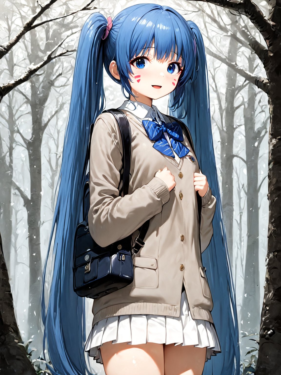 best quality, 8k, 8k UHD, ultra-high resolution, ultra-high definition, highres
,//Character, 
1girl, solo, hermit mio, long hair, blue hair, twintails, blue eyes, facial mark
,//Fashion, 
school_uniform
,//Background, 
,//Others, ,Expressiveh,
A young girl with long brown hair and bright eyes, standing at the edge of a magical forest. She's wearing a simple dress and holding a small backpack. Sunlight filters through the trees, creating a mystical atmosphere. The girl looks excited and slightly nervous.