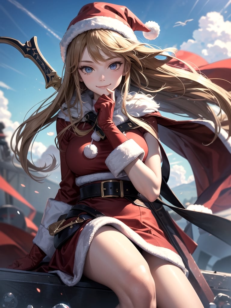 (masterpiece), (best quality), 8k illustration,
//Character,
santa, gentle smile, aura, Invincible, 
//Fashion,
santa_costume,
//Background,
Beautiful blue sky, calm sunshine, battlefield, Unlimited Blade Works