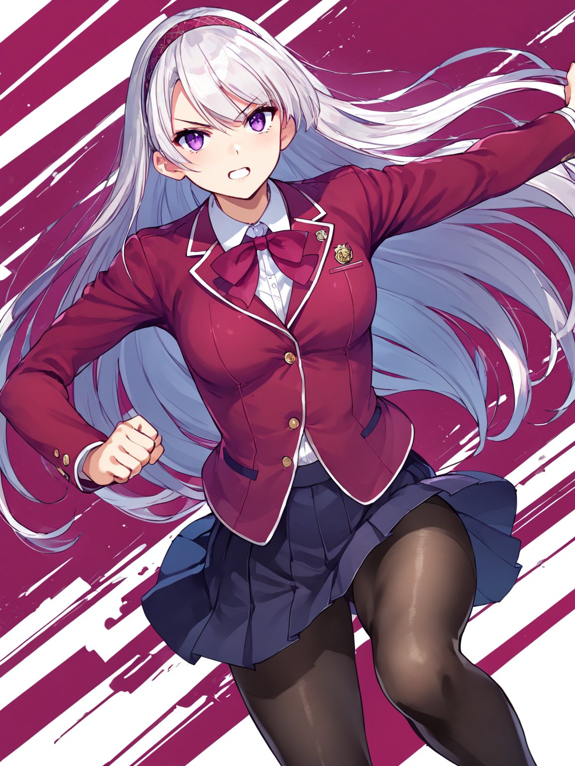 score_9,score_8_up,score_7_up,score_6_up, masterpiece, best quality, 8k, 8k UHD, ultra-high resolution, ultra-high definition, highres
,//Character, 
1girl, solo, long hair, white hair, purple eyes
,//Fashion, 
school uniform, red jacket, pantyhose, pleated skirt, hairband
,//Background, white_background
,//Others, ,Expressiveh,
fighting stance, dynamic pose