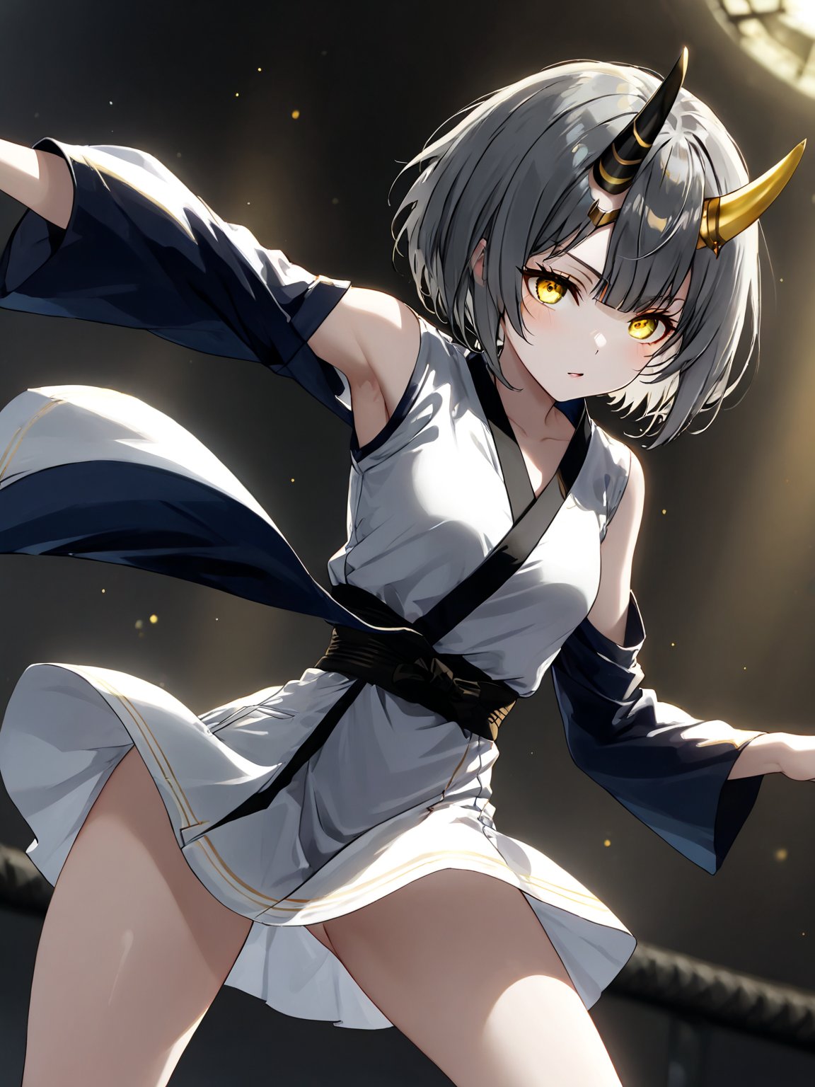 best quality, 8k, 8k UHD, ultra-high resolution, ultra-high definition, highres
,//Character, 
1girl, solo
,//Fashion, 
,//Background, 
,//Others, ,Expressiveh, 
Ataru, short hair, grey hair, yellow eyes, heterochromia, glowing, single horn, dress, legs,
A martial artist mid-kick, her gi revealing a glimpse of athletic physique.