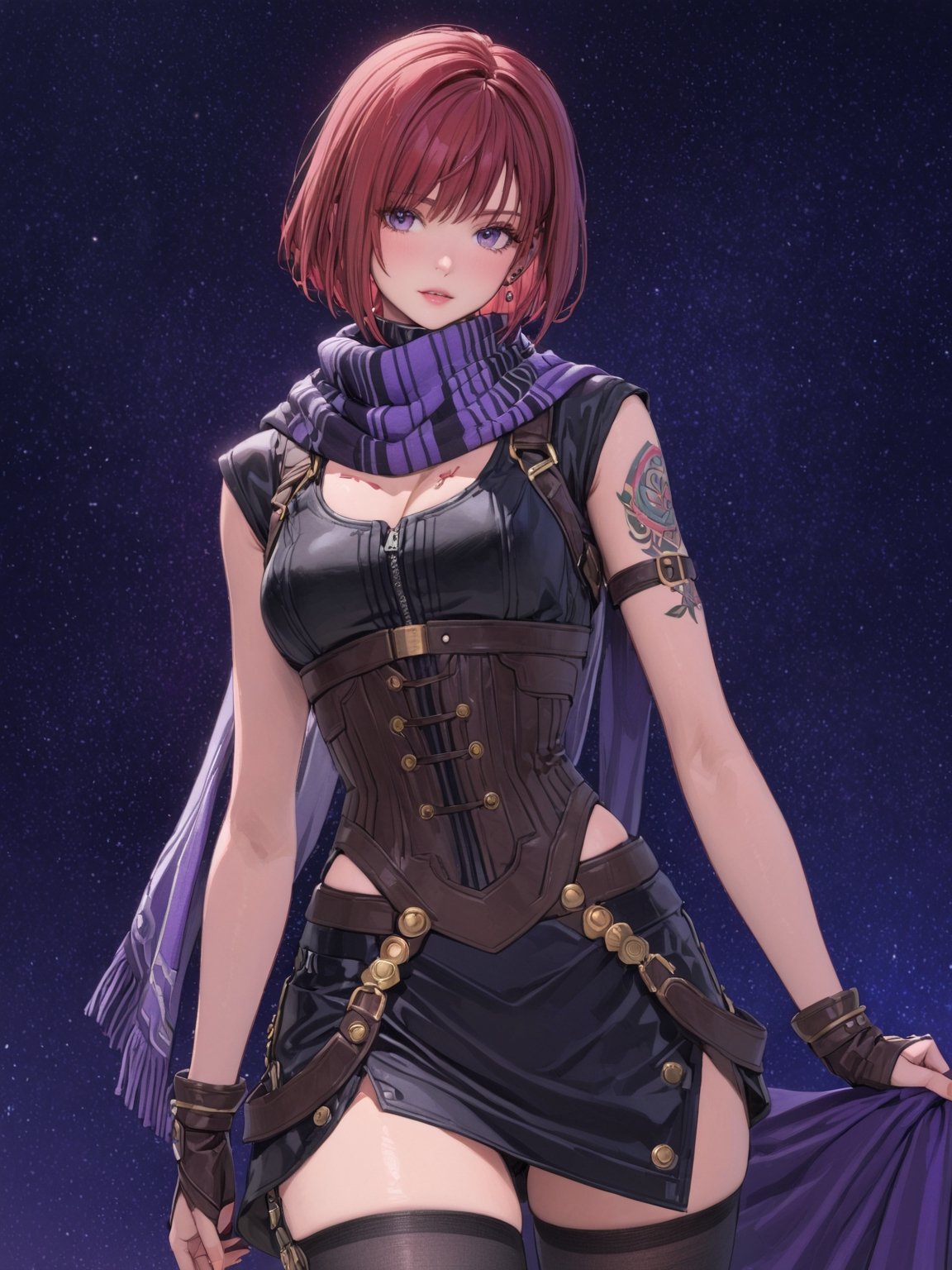 //Quality, masterpiece, best quality, detailmaster2, 8k, 8k UHD, ultra detailed, ultra-high resolution, ultra-high definition, highres, 
//Character, 1girl, solo, NelZelpher_SO3, purple eyes, short hair, red hair, tattoo,
//Fashion, black thighhighs, scarf, 
//Background, white background, 
//Others, 