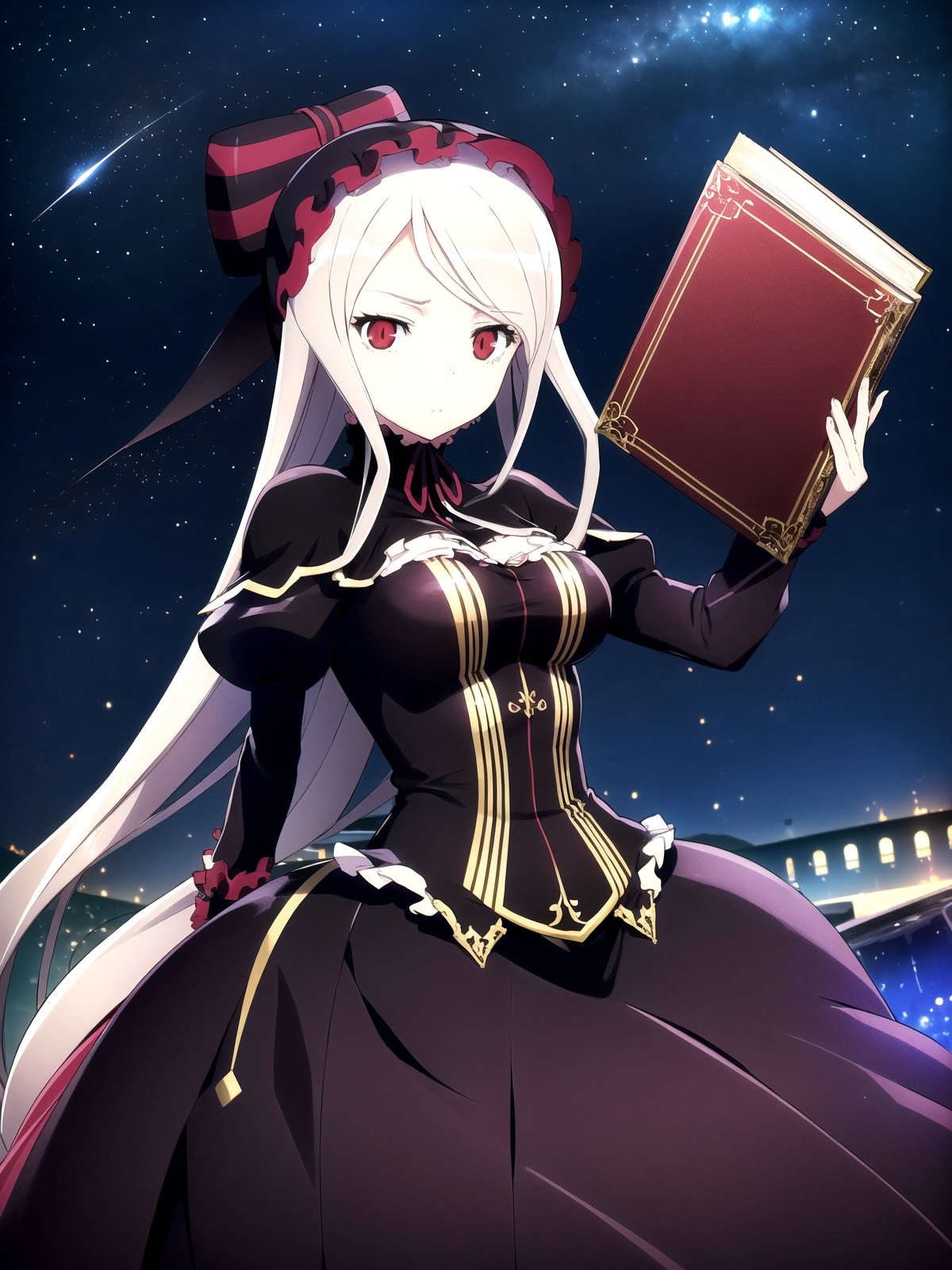 //Quality,
(masterpiece), (best quality), 8k illustration
,//Character,
1girl, solo
,//Fashion,
,//Background,
night sky, meteor
,//Others,
superpower, book, float, feel astonished,shalltear bloodfallen,so-bin