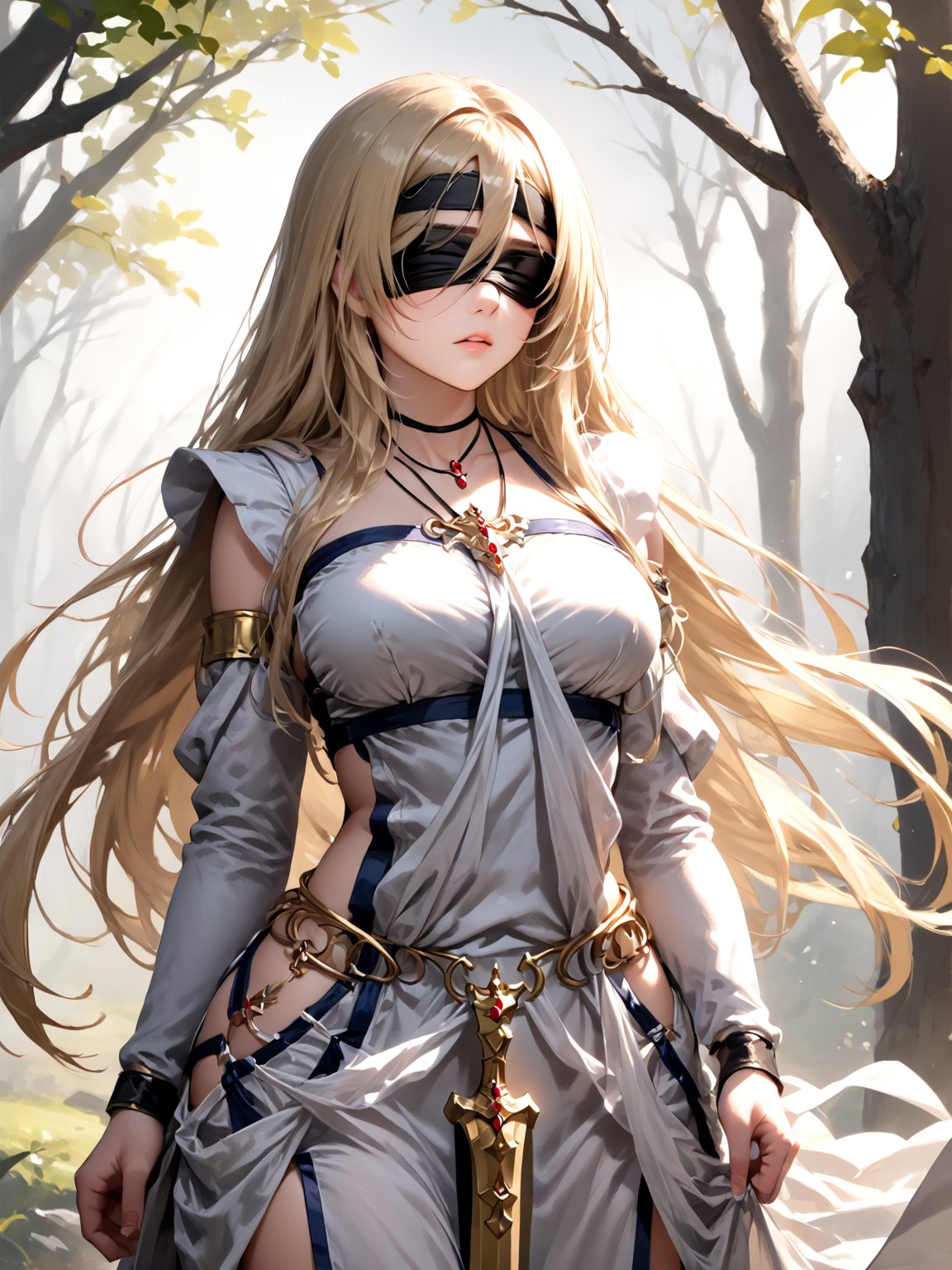 best quality, 8k, 8k UHD, ultra-high resolution, ultra-high definition, highres
,//Character, 
1girl, solo
,//Fashion, 
,//Background, 
,//Others, ,Expressiveh, 
SwordMaiden, long hair, blonde hair, blindfold, dress, 
Exhausted female warrior, torn armor, surrounded by encroaching black slimes, moonlit forest, determined expression