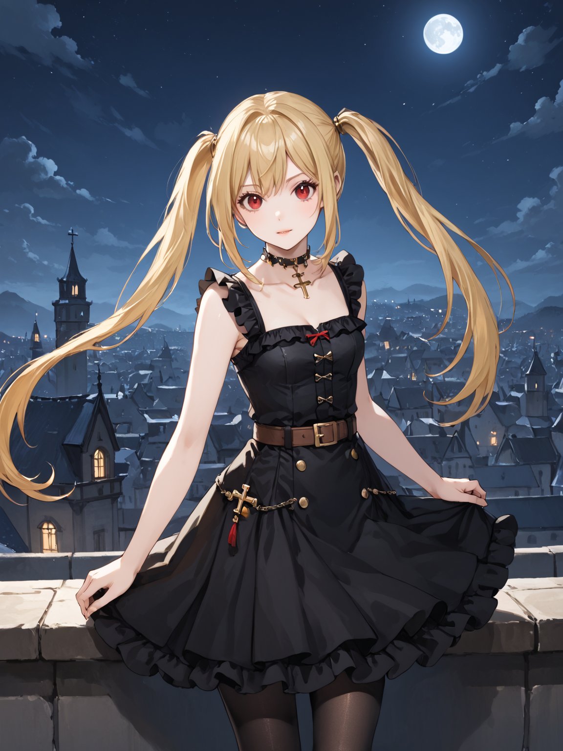 masterpiece, best quality, highres
,//Character, 
1girl, solo,AmaneMisa, twintails, blonde hair, red eyes, sidelocks
,//Fashion, 
black dress, sleeveless, bare shoulders, collarbone, choker, skirt, frills, belt, black pantyhose, cross
,//Background, 
,//Others, ,Expressiveh, 
A twin-tailed assassin girl perched on a rooftop, observing a medieval fantasy city at night.