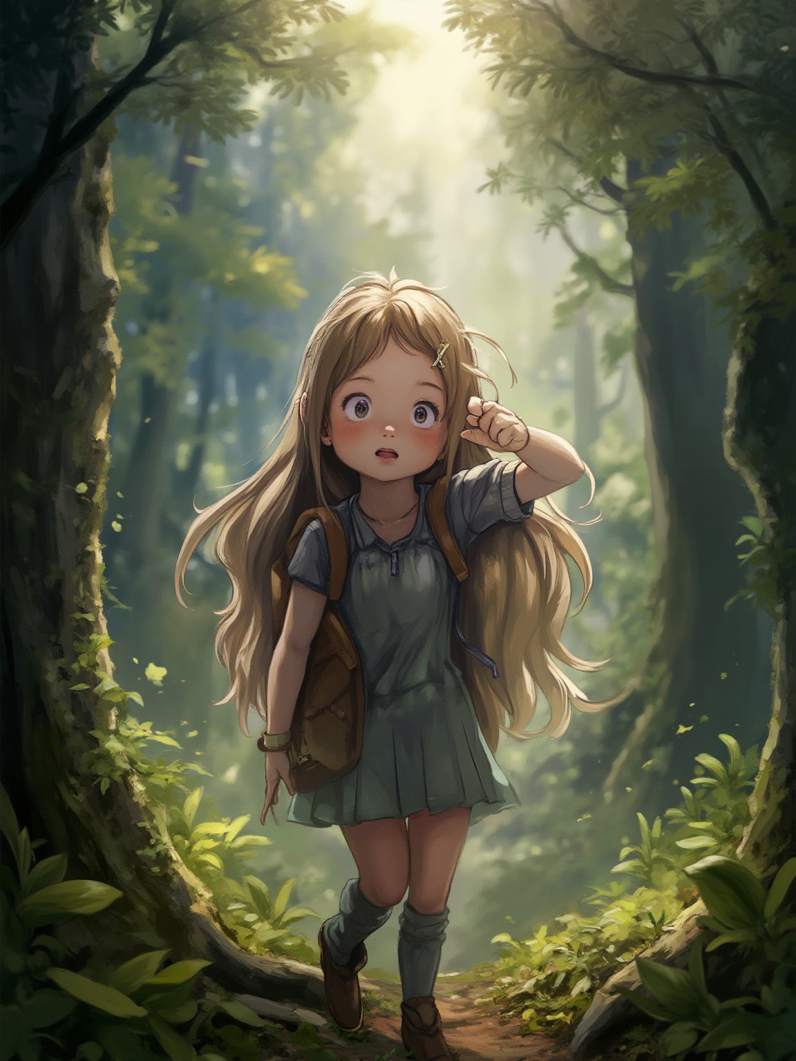 best quality, 8k, 8k UHD, ultra-high resolution, ultra-high definition, highres
,//Character, 
1girl, solo
,//Fashion, 
dress
,//Background, 
,//Others, ,Expressiveh,
A young girl with long brown hair and bright eyes, standing at the edge of a magical forest. She's wearing a simple dress and holding a small backpack. Sunlight filters through the trees, creating a mystical atmosphere. The girl looks excited and slightly nervous
