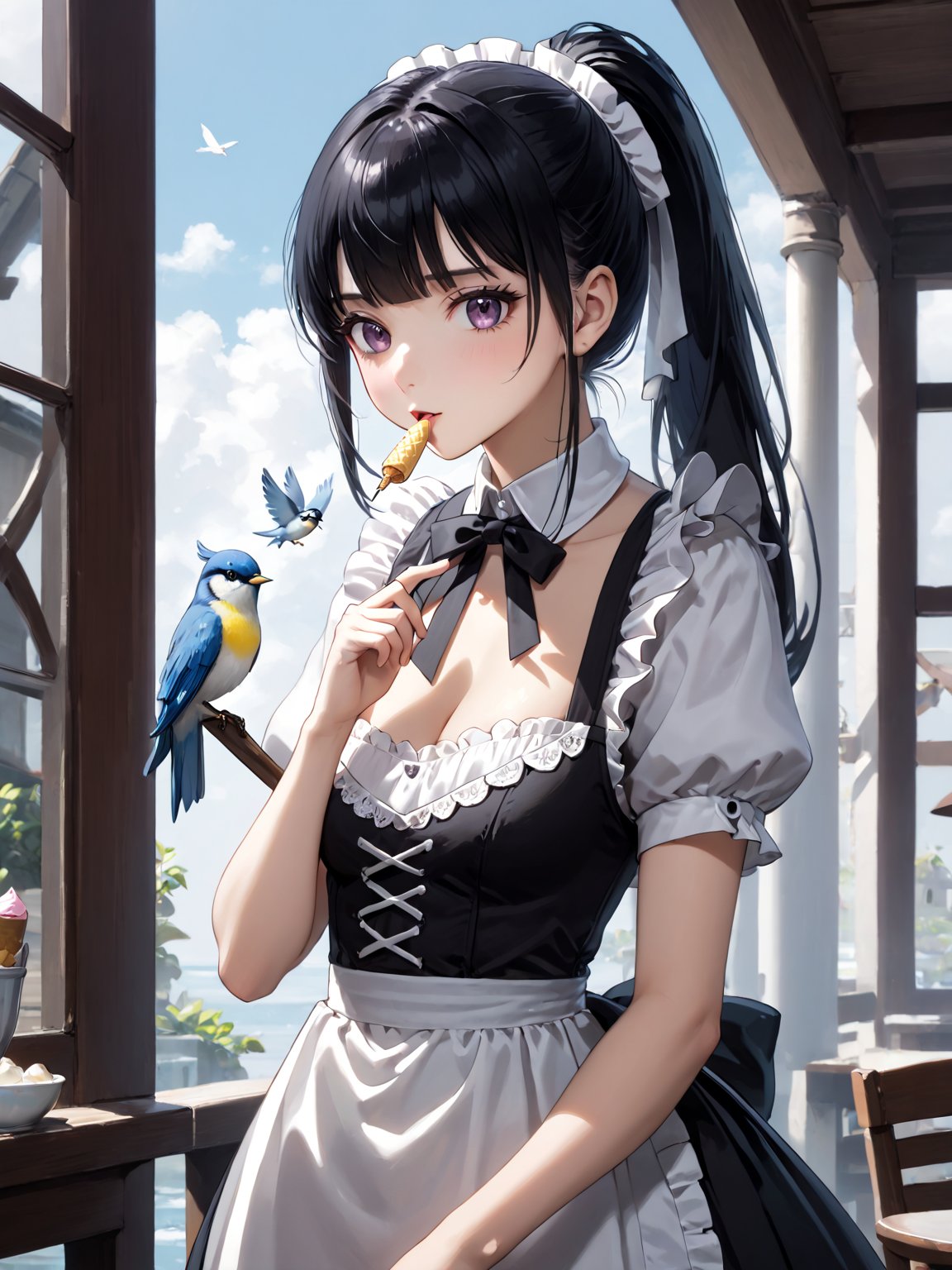 score_9,score_8_up,score_7_up,score_6_up, masterpiece, best quality, highres
,//Character, 
1girl,narberal gamma \(overlord\), long hair, black hair, glay eyes, bangs, ponytail, medium breats
,//Fashion, 
maid
,//Background, 
,//Others, ,Expressiveh, 
A girl sharing her ice cream cone with a tiny bird perched on her finger, both looking curious and content.