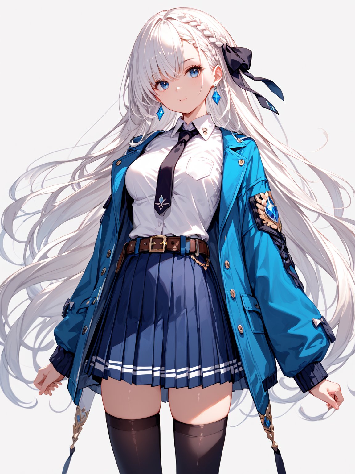 score_9,score_8_up,score_7_up,score_6_up, masterpiece, best quality
,//Character, 
1girl, solo,RiseliaRayCrystalia, very long hair, white hair, braid, blue eyes, medium breasts
,//Fashion, 
earrings, hair bow, long sleeves, white shirt, collared shirt, black necktie, blue jacket, blue skirt, pleated skirt, black thighhighs, belt
,//Background, white_background
,//Others,
v, :)