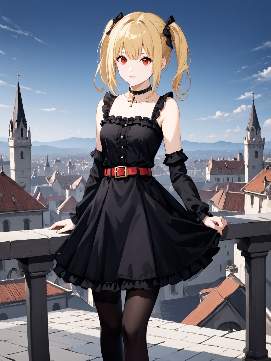 masterpiece, best quality, highres
,//Character, 
1girl, solo,AmaneMisa, twintails, blonde hair, red eyes, sidelocks
,//Fashion, 
black dress, sleeveless, bare shoulders, collarbone, choker, skirt, frills, belt, black pantyhose, cross
,//Background, 
,//Others, ,Expressiveh, 
A twin-tailed assassin girl perched on a rooftop, observing a medieval fantasy city at night.