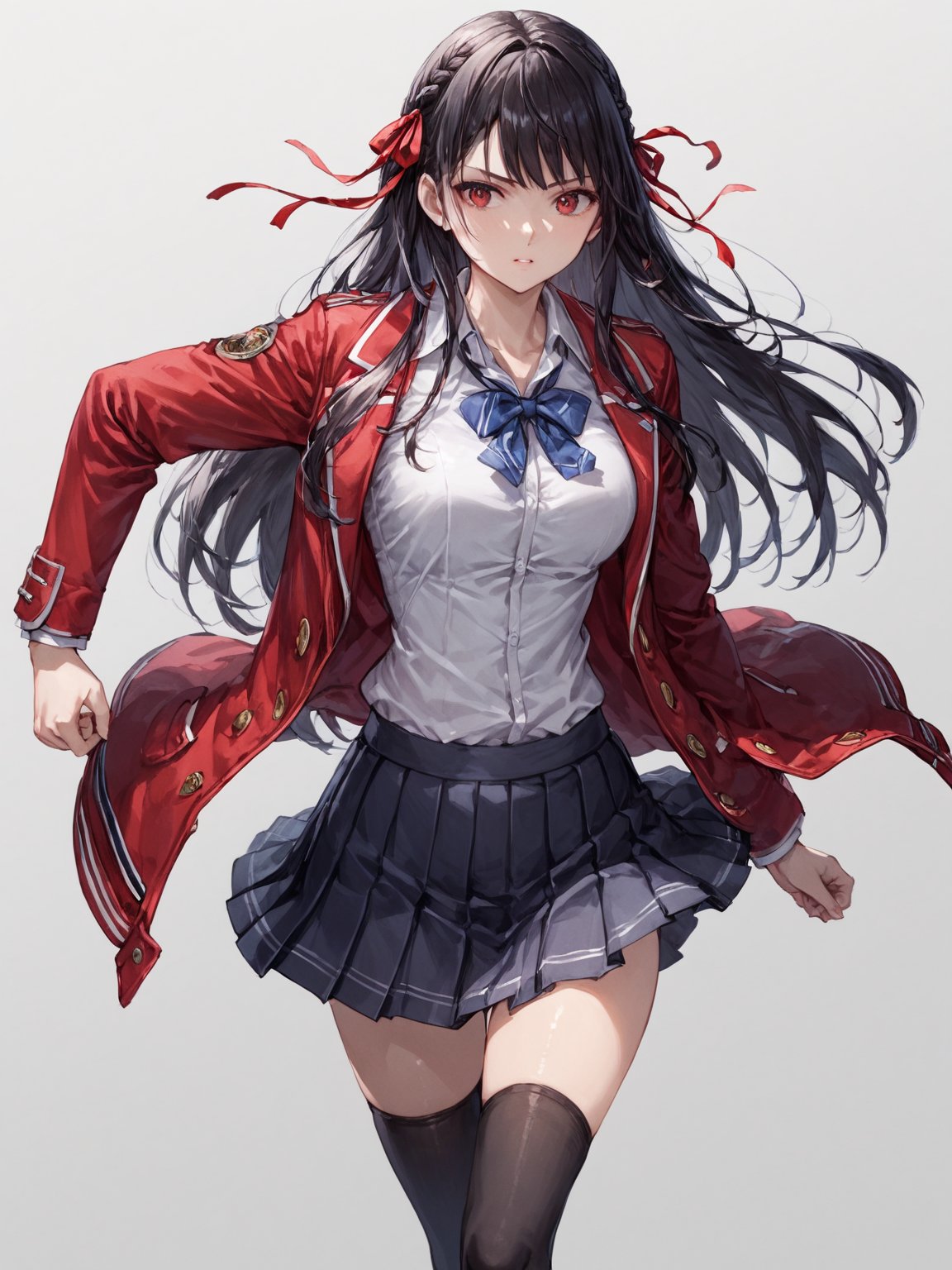 score_9,score_8_up,score_7_up,score_6_up, masterpiece, best quality, 8k, 8k UHD, ultra-high resolution, ultra-high definition, highres
,//Character, 
1girl, solo, suzune horikita, long hair, black hair, shiny hair, red eyes, bangs, braid
,//Fashion, 
school uniform, red jacket, hair ribbon, white shirt, pleated skirt, thighhighs
,//Background, white_background
,//Others, ,Expressiveh,
fighting stance, dynamic pose