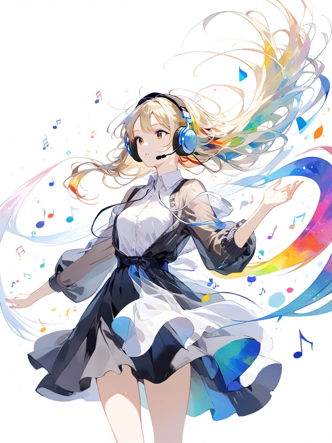 masterpiece, best quality, highres
,//Character, 
1girl, solo
,//Fashion, 
,//Background, white background
,//Others, ,Expressiveh, 
,AobaTsukuyo,
A girl wearing headphones, with music notes visibly flowing out and transforming the world around her into colorful, abstract shapes.