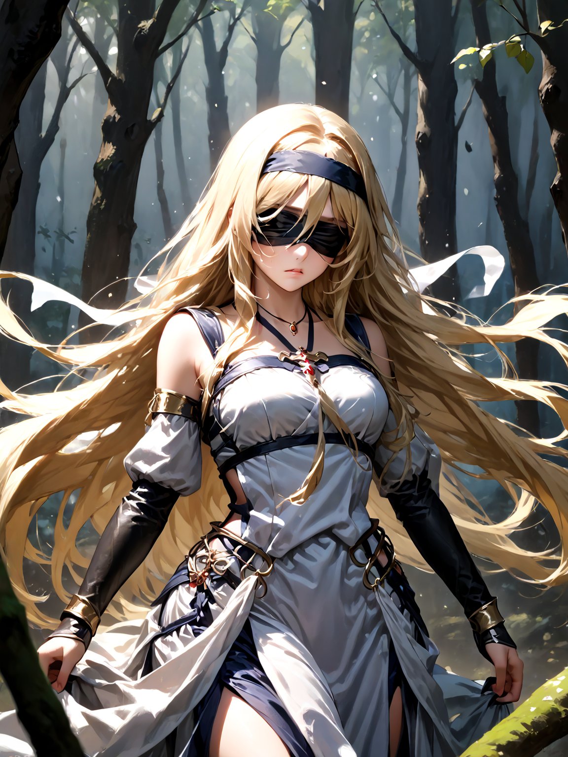 best quality, 8k, 8k UHD, ultra-high resolution, ultra-high definition, highres
,//Character, 
1girl, solo
,//Fashion, 
,//Background, 
,//Others, ,Expressiveh, 
SwordMaiden, long hair, blonde hair, blindfold, dress, 
Exhausted female warrior, torn armor, surrounded by encroaching black slimes, moonlit forest, determined expression