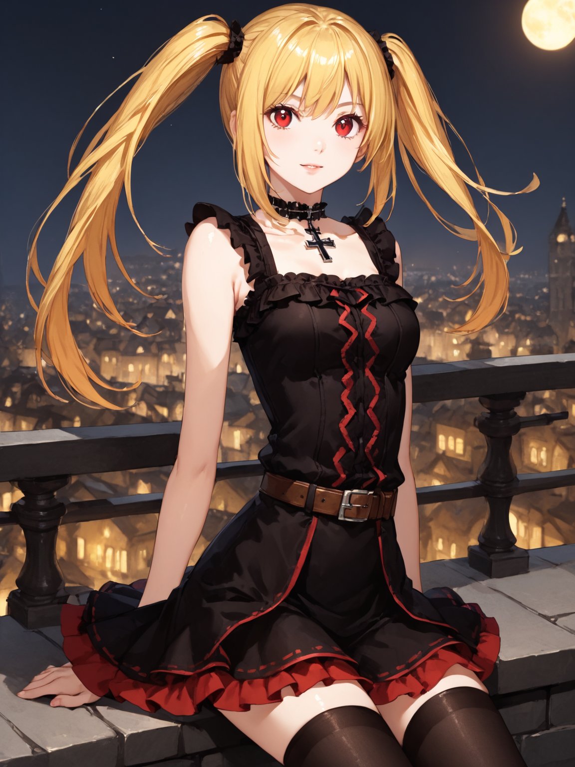 masterpiece, best quality, highres
,//Character, 
1girl, solo,AmaneMisa, twintails, blonde hair, red eyes, sidelocks
,//Fashion, 
black dress, sleeveless, bare shoulders, collarbone, choker, skirt, frills, belt, black pantyhose, cross
,//Background, 
,//Others, ,Expressiveh, 
A twin-tailed assassin girl perched on a rooftop, observing a medieval fantasy city at night.