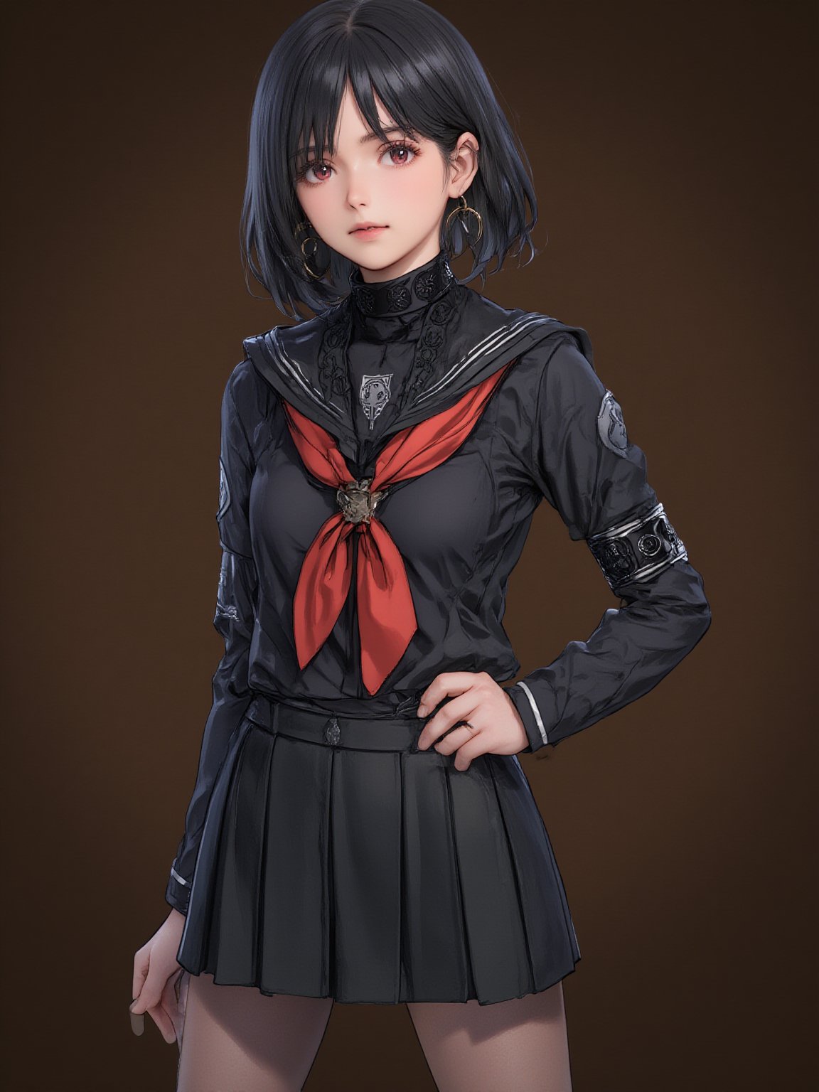 best quality, 8k, 8k UHD, ultra-high resolution, ultra-high definition, highres
,//Character, 
1girl, solo
,//Fashion, 
,//Background, 
,//Others, ,Expressiveh,
long hair, black hair, red eyes, hoop earrings, black serafuku, sailor collar, black shirt, red neckerchief, armband, pleated skirt, black skirt,2bEimi