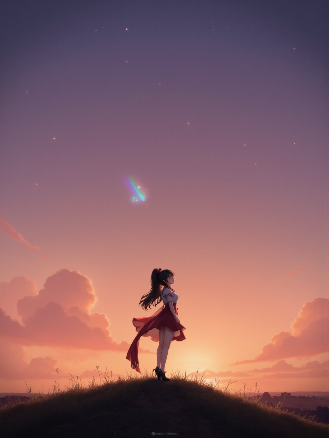 best quality, 8k, 8k UHD, ultra-high resolution, ultra-high definition, highres
,//Character, 
1girl, solo
,//Fashion, 
dress
,//Background, 
,//Others, ,Expressiveh,
The girl standing triumphantly atop a hill, silhouetted against a beautiful sunset. She's holding a magical artifact that glows with rainbow colors. Her posture is confident, and a smile of accomplishment lights up her face. Fireflies dance around her, adding a magical touch to the scene.,2bEimi