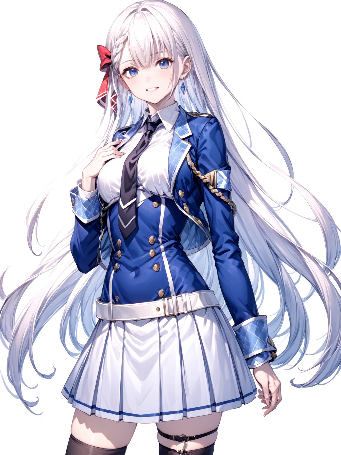 score_9,score_8_up,score_7_up,score_6_up, masterpiece, best quality
,//Character, 
1girl, solo,RiseliaRayCrystalia, very long hair, white hair, braid, blue eyes, medium breasts
,//Fashion, 
earrings, red hair bow, long sleeves, white shirt, collared shirt, black necktie, blue jacket, blue skirt, pleated skirt, black thighhighs, belt
,//Background, white_background
,//Others,
(making a V sign), smile