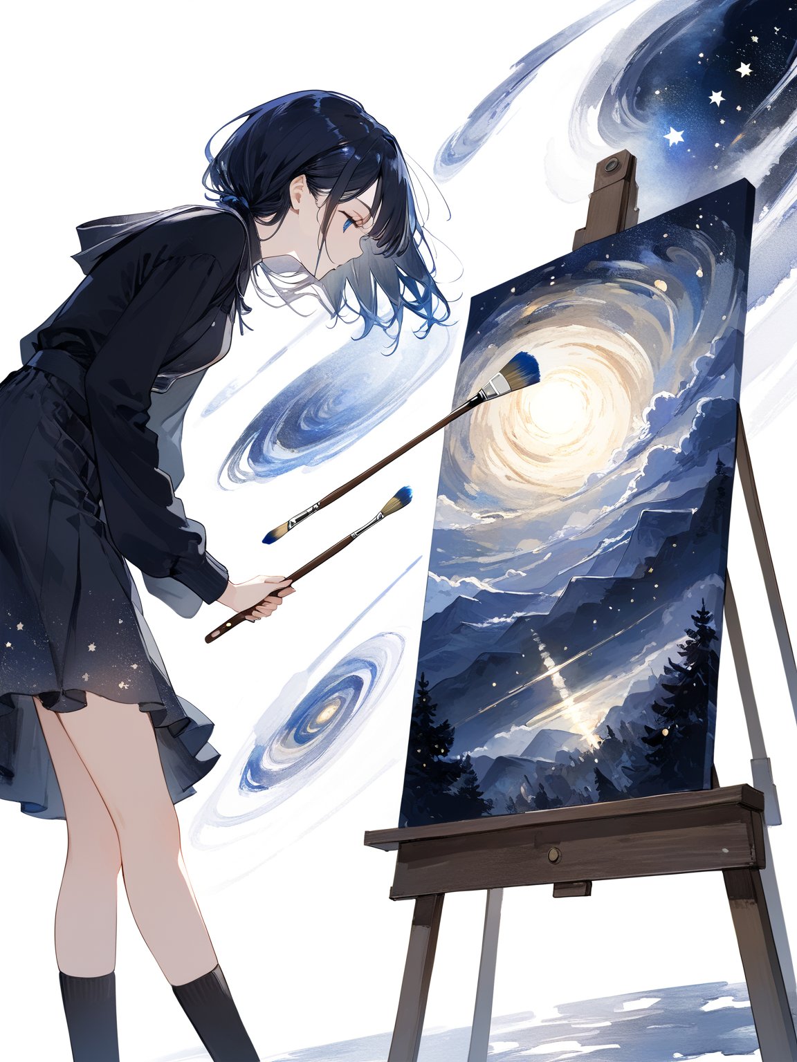 masterpiece, best quality, highres
,//Character, 
1girl, solo
,//Fashion, 
,//Background, white background
,//Others, ,Expressiveh, 
,AobaTsukuyo,
A girl painting the night sky with a gigantic paintbrush, creating stars and galaxies with each stroke.