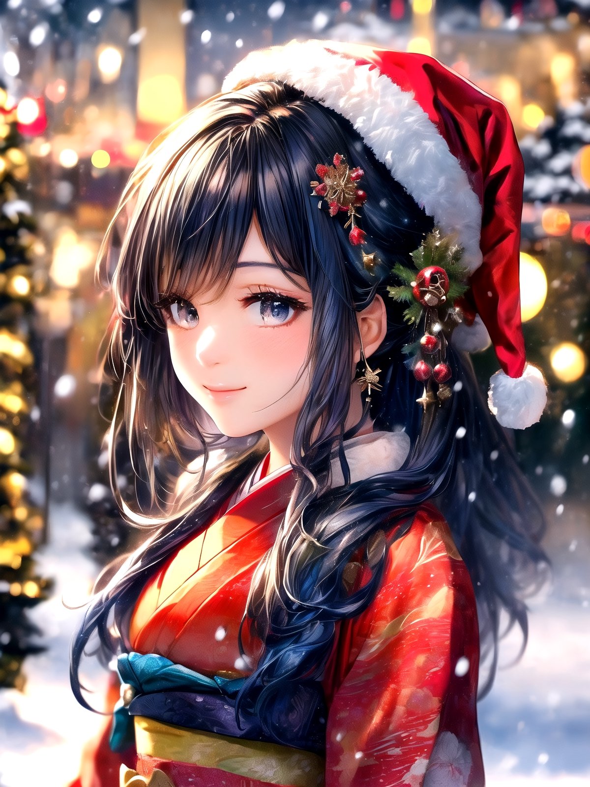 Warm lighting, beautiful Japanese girl, detailed face, shy smile, dark eyes, short bobbed hair, gorgeous hair ornament, details (dark blue silk brocade kimono), Kyoto, outdoors, winter, snow, full-length portrait, realistic ,Japanese girl, Santa Claus, Christmas, young girl, background slightly blurred,