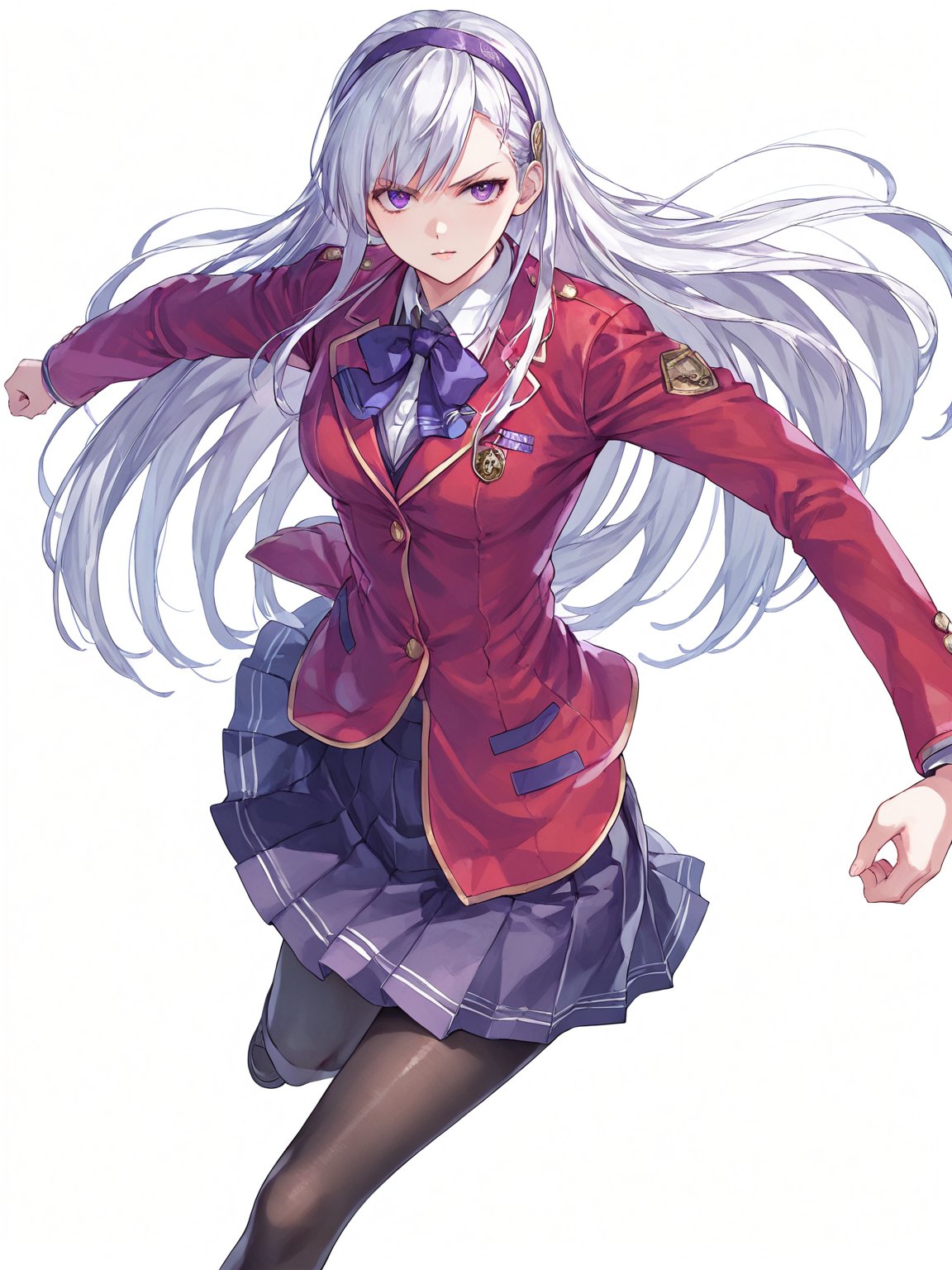 score_9,score_8_up,score_7_up,score_6_up, masterpiece, best quality, 8k, 8k UHD, ultra-high resolution, ultra-high definition, highres
,//Character, 
1girl, solo, long hair, white hair, purple eyes
,//Fashion, 
school uniform, red jacket, pantyhose, pleated skirt, hairband
,//Background, white_background
,//Others, ,Expressiveh,
fighting stance, dynamic pose