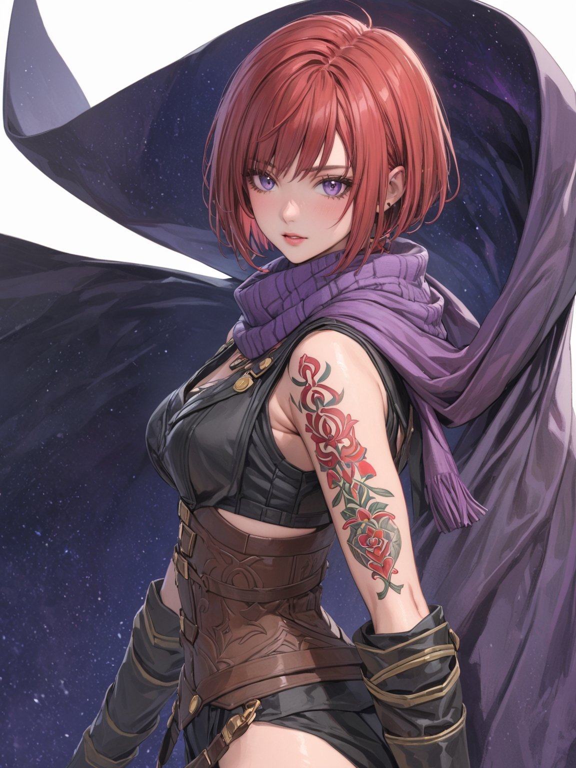 //Quality, masterpiece, best quality, detailmaster2, 8k, 8k UHD, ultra detailed, ultra-high resolution, ultra-high definition, highres, 
//Character, 1girl, solo, NelZelpher_SO3, purple eyes, short hair, red hair, tattoo,
//Fashion, black thighhighs, scarf, 
//Background, white background, 
//Others, 