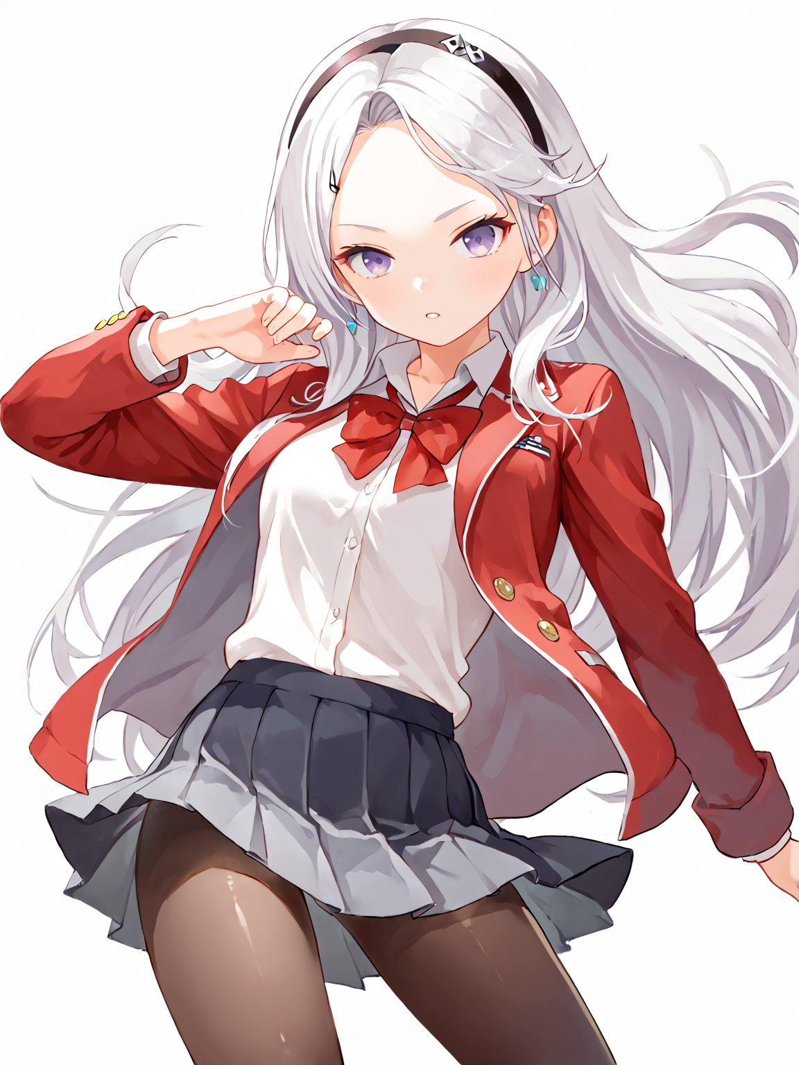 score_9,score_8_up,score_7_up,score_6_up, masterpiece, best quality, 8k, 8k UHD, ultra-high resolution, ultra-high definition, highres
,//Character, 
1girl, solo, long hair, white hair, purple eyes
,//Fashion, 
school uniform, red jacket, pantyhose, pleated skirt, hairband
,//Background, white_background
,//Others, ,Expressiveh,
fighting stance, dynamic pose,forehead