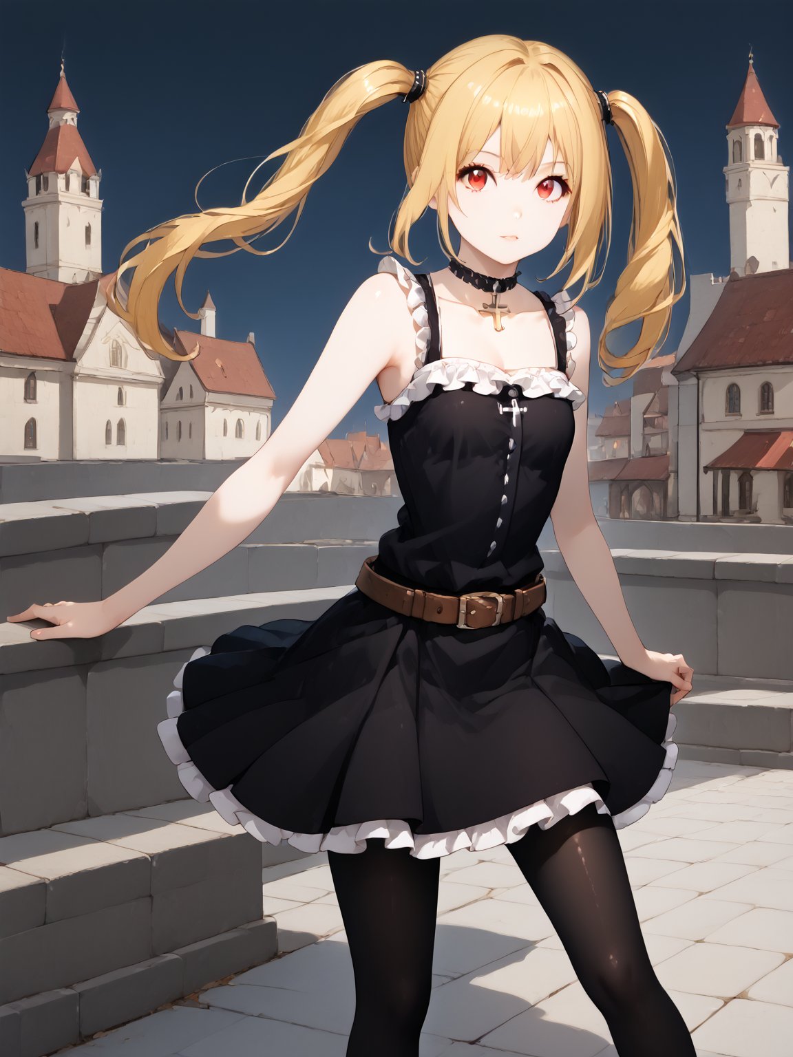 masterpiece, best quality, highres
,//Character, 
1girl, solo,AmaneMisa, twintails, blonde hair, red eyes, sidelocks
,//Fashion, 
black dress, sleeveless, bare shoulders, collarbone, choker, skirt, frills, belt, black pantyhose, cross
,//Background, 
,//Others, ,Expressiveh, 
A twin-tailed assassin girl perched on a rooftop, observing a medieval fantasy city at night.