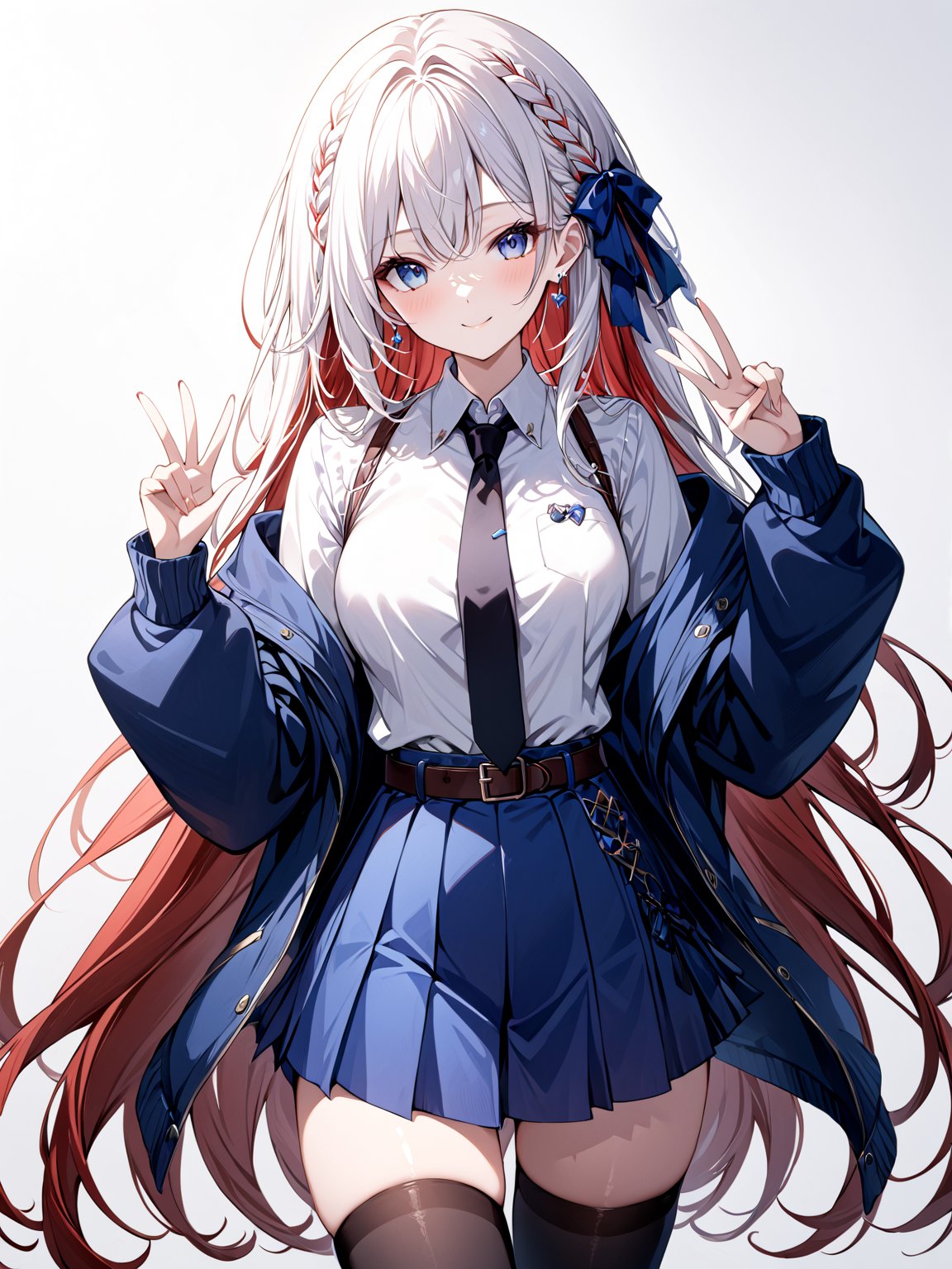 score_9,score_8_up,score_7_up,score_6_up, masterpiece, best quality
,//Character, 
1girl, solo,RiseliaRayCrystalia, very long hair, white hair, braid, blue eyes, medium breasts
,//Fashion, 
earrings, red hair bow, long sleeves, white shirt, collared shirt, black necktie, blue jacket, blue skirt, pleated skirt, black thighhighs, belt
,//Background, white_background
,//Others,
(making a V sign), smile,Expressiveh