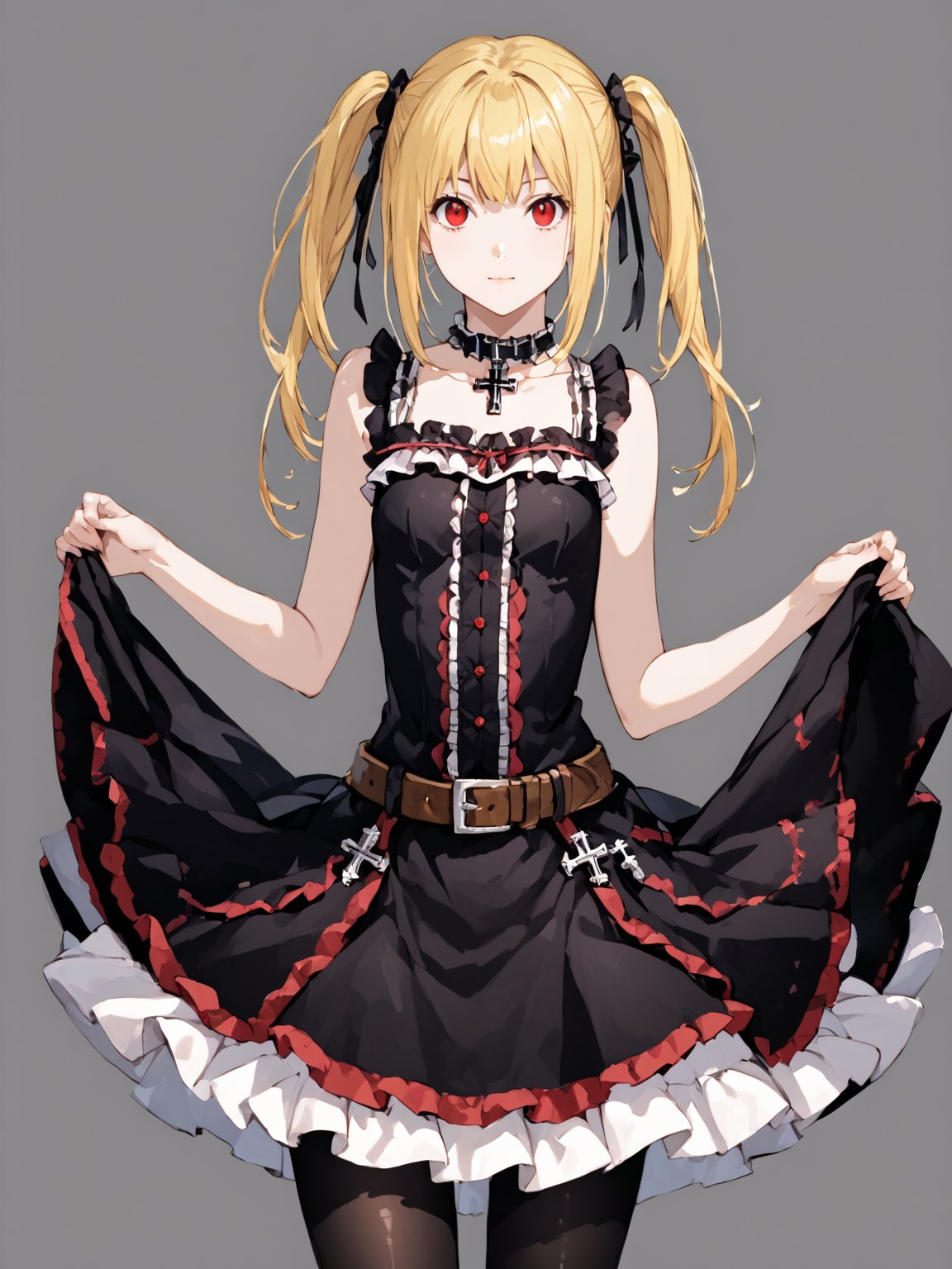 masterpiece, best quality, highres
,//Character, 
1girl, solo,AmaneMisa, twintails, blonde hair, red eyes, sidelocks
,//Fashion, 
black dress, sleeveless, bare shoulders, collarbone, choker, skirt, frills, belt, black pantyhose, cross
,//Background, 
,//Others, ,Expressiveh, 
A young girl with heterochromatic eyes, wearing an elaborate gothic lolita dress, standing confidently in a grand throne room.