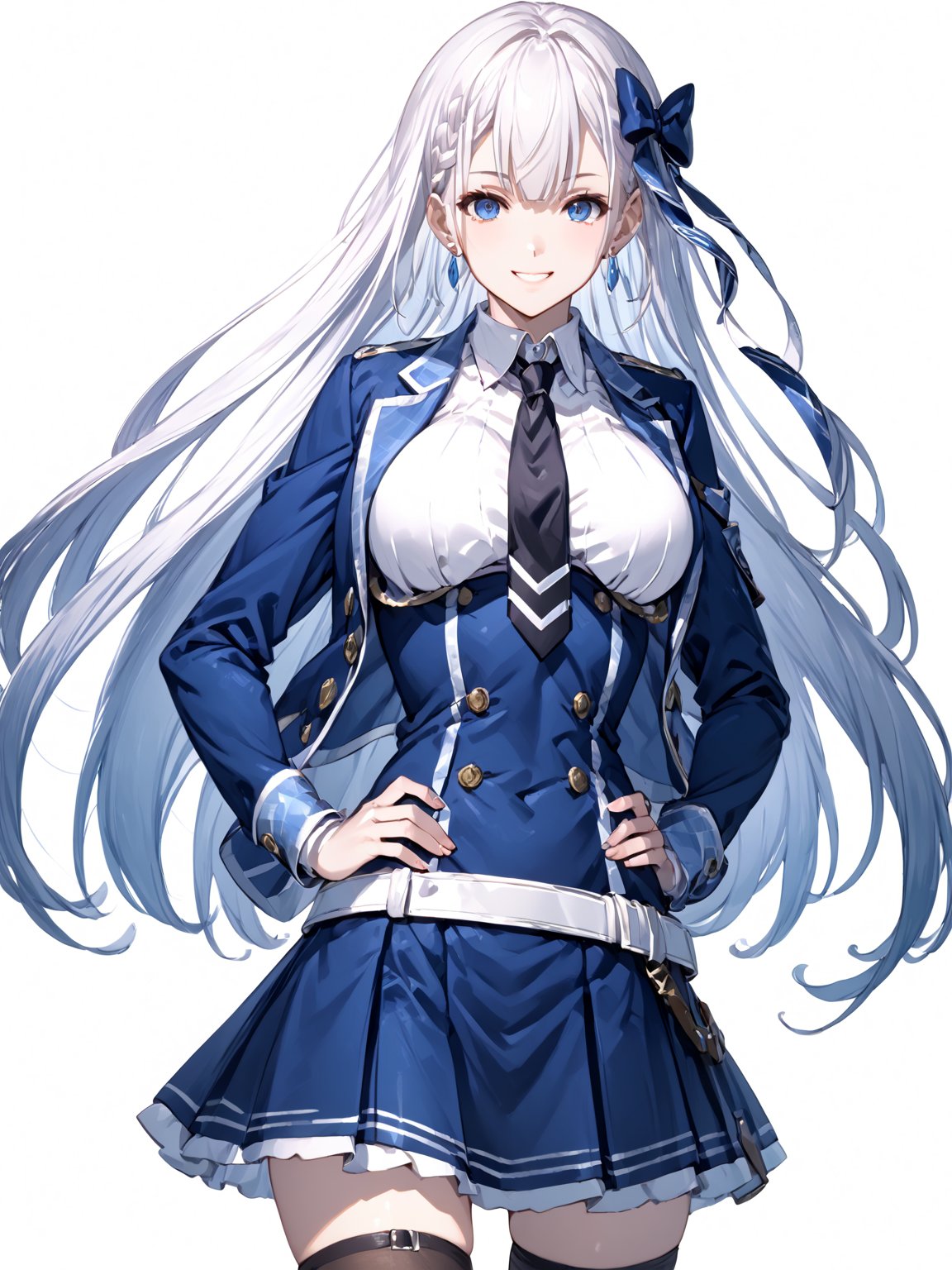 score_9,score_8_up,score_7_up,score_6_up, masterpiece, best quality
,//Character, 
1girl, solo,RiseliaRayCrystalia, very long hair, white hair, braid, blue eyes, medium breasts
,//Fashion, 
earrings, hair bow, long sleeves, white shirt, collared shirt, black necktie, blue jacket, blue skirt, pleated skirt, black thighhighs, belt
,//Background, white_background
,//Others,
making a V sign, smile,Expressiveh