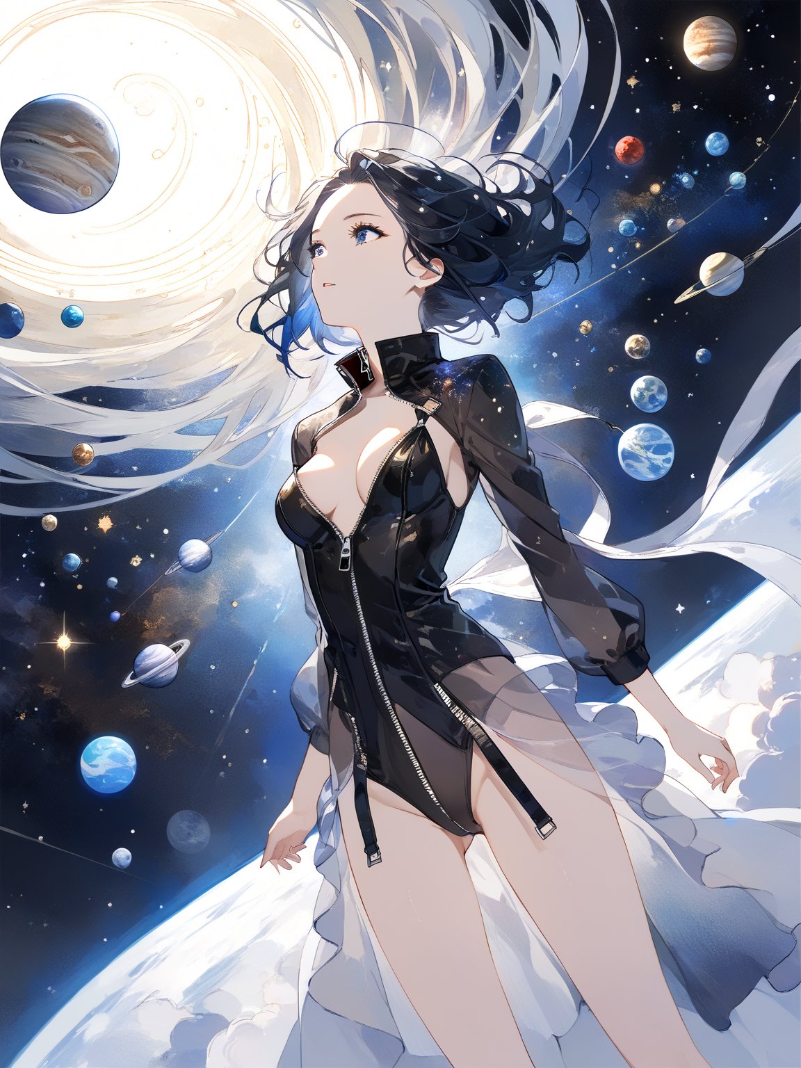 masterpiece, best quality, highres
,//Character, 
1girl, solo
,//Fashion, 
,//Background, white background
,//Others, ,Expressiveh, 
,AobaTsukuyo,
A girl unzipping the sky like a giant zipper, revealing a cosmic realm filled with planets and nebulae behind it.