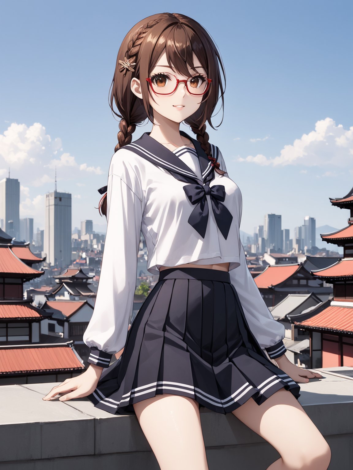 masterpiece, best quality, highres
,//Character, 
1girl, solo,SakimiyaMisaki, brown hair, twin braids, brown eyes, glasses, red-framed eyewear
,//Fashion, 
school uniform, hair ornament, hairclip, pleated skirt, black thighhighs
,//Background, 
,//Others, ,Expressiveh, 
A twin-tailed assassin girl perched on a rooftop, observing a medieval fantasy city at night.,Samurai_Girl