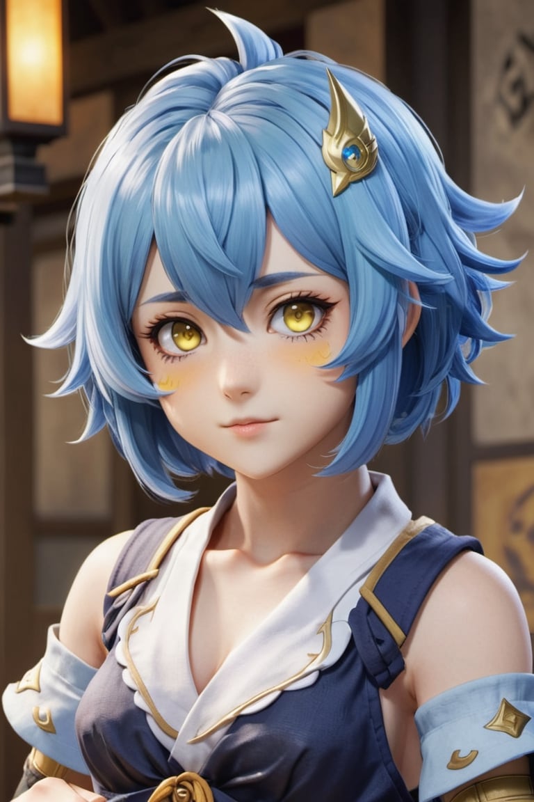 Eula from genshin impact, blue hair, short hair, cute face, yellow eyes