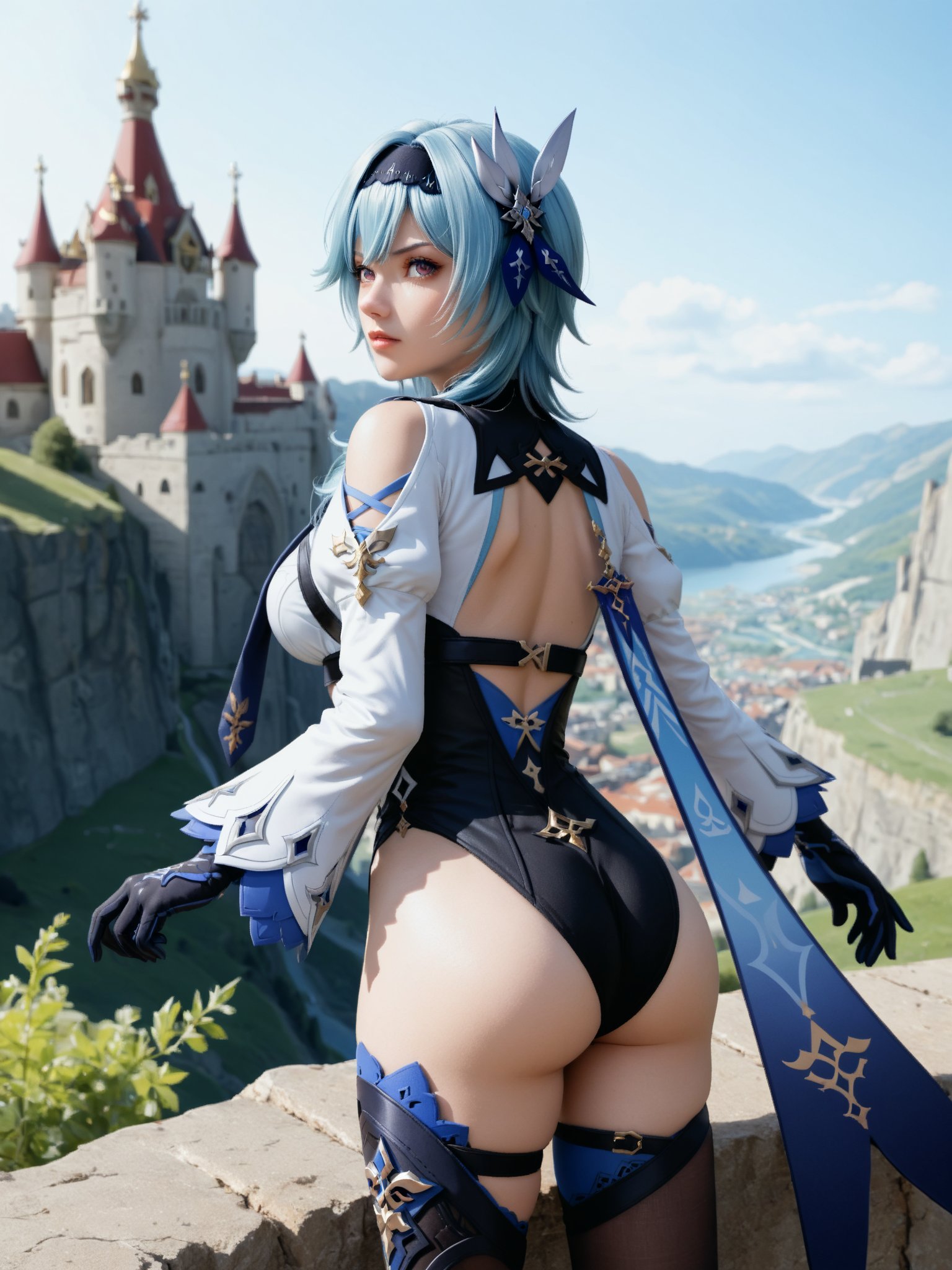 Eula of genshin impact, seen from behind, with her face facing the camera, standing on the edge of a cliff, with a castle in the background,eula (genshin impact), hairband, blue hair, multicolored eyes, necktie, cape, vision \(genshin impact\), leotard, long sleeves, gloves, sidelocks, black thighhighs,