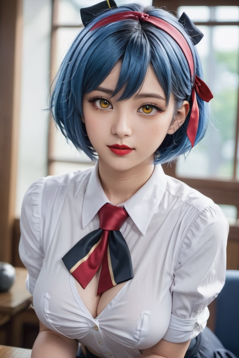 Eula from genshin impact, blue hair, short hair, black hairband, cute face, yellow eyes,korean girl, red lipstick, breasts,sexy, blue necktie