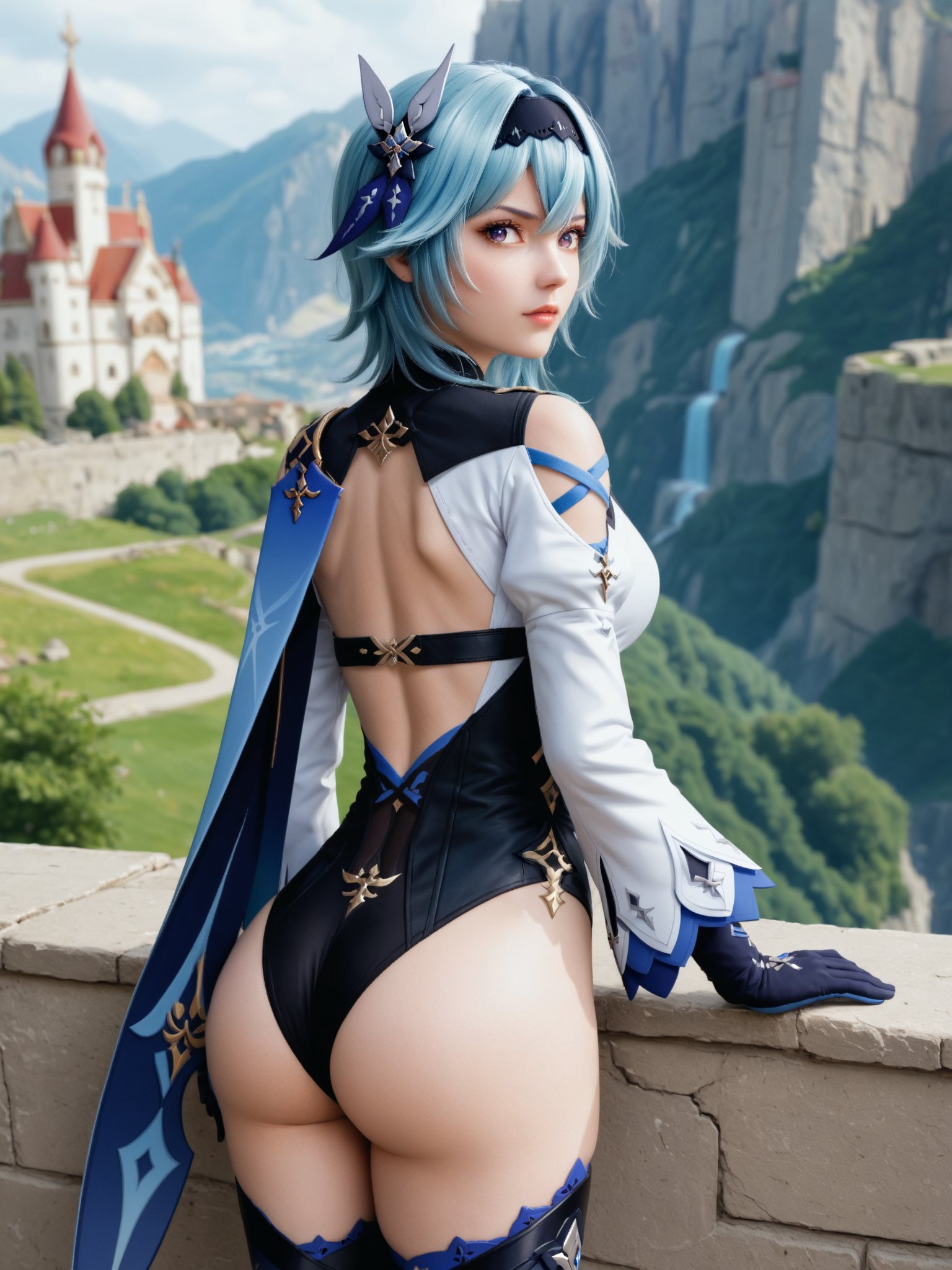 Eula of genshin impact, seen from behind, with her face facing the camera, standing on the edge of a cliff, with a castle in the background,eula (genshin impact), hairband, blue hair, multicolored eyes, necktie, cape, vision \(genshin impact\), leotard, long sleeves, gloves, sidelocks, black thighhighs,