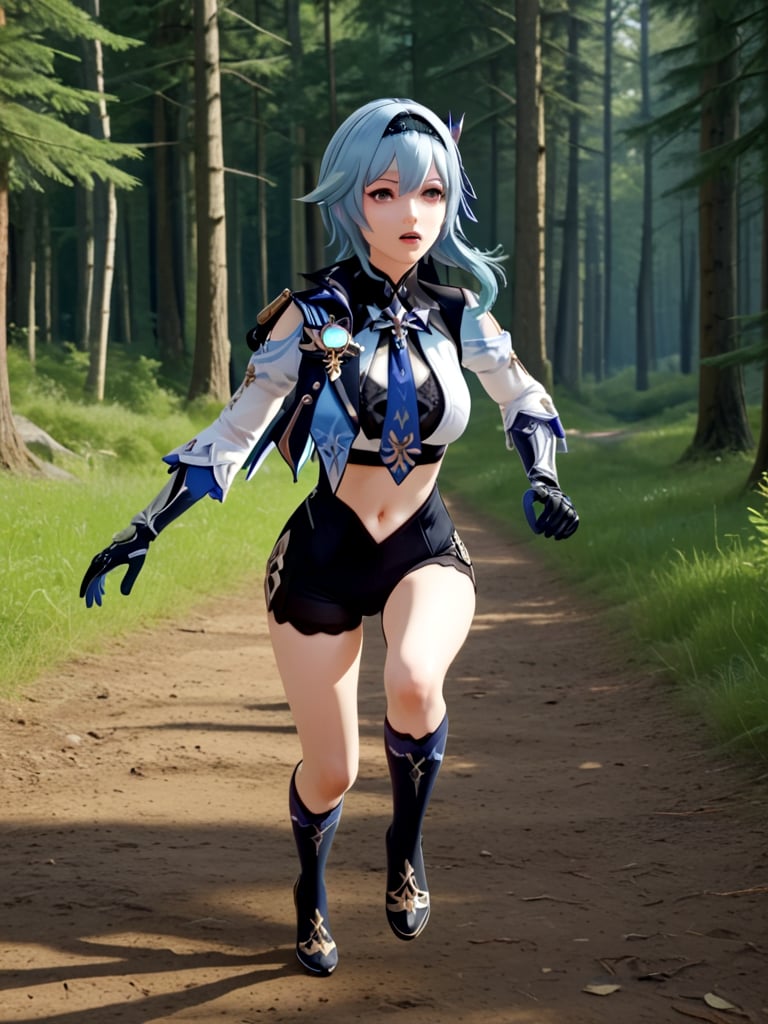 Eula from genshin impact running in the forest