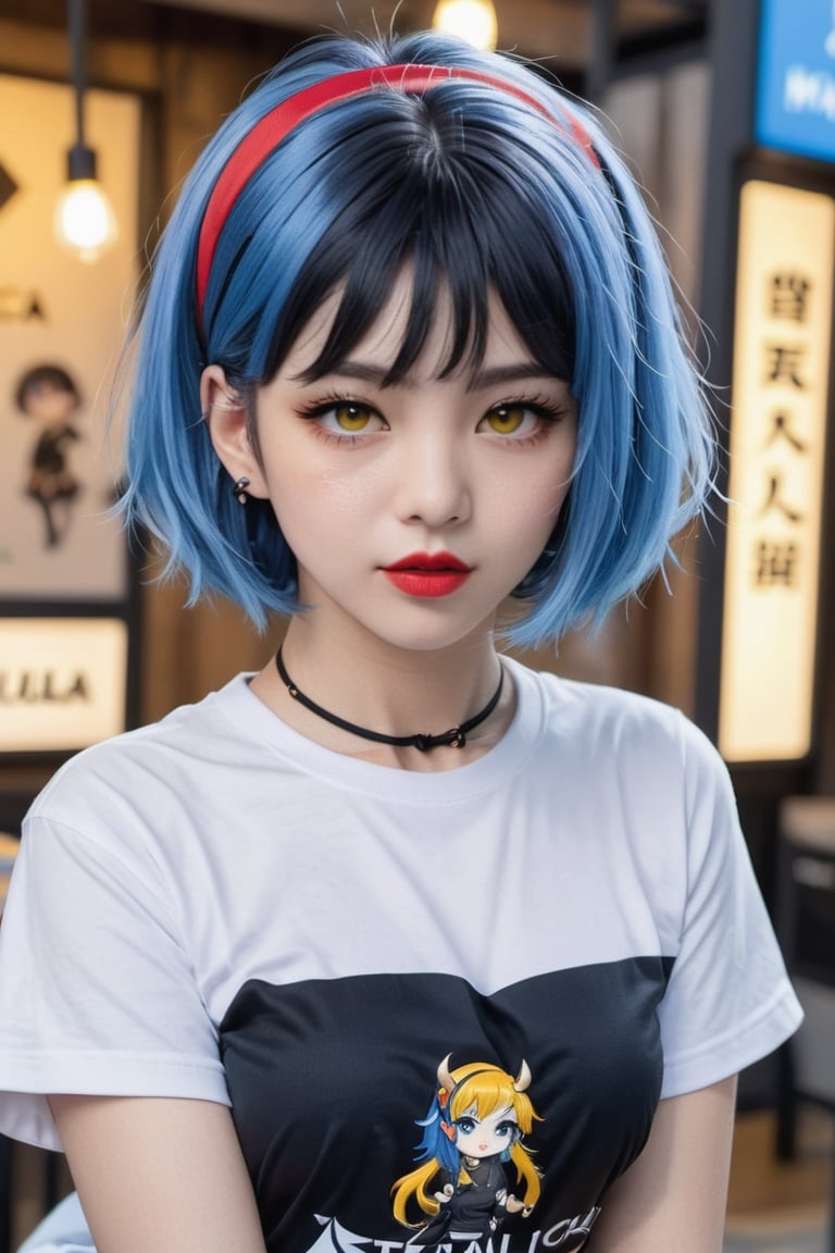 Eula from genshin impact, blue hair, short hair, black hairband, cute face, yellow eyes,korean girl, red lipstick, T-shirt with Metallica logo