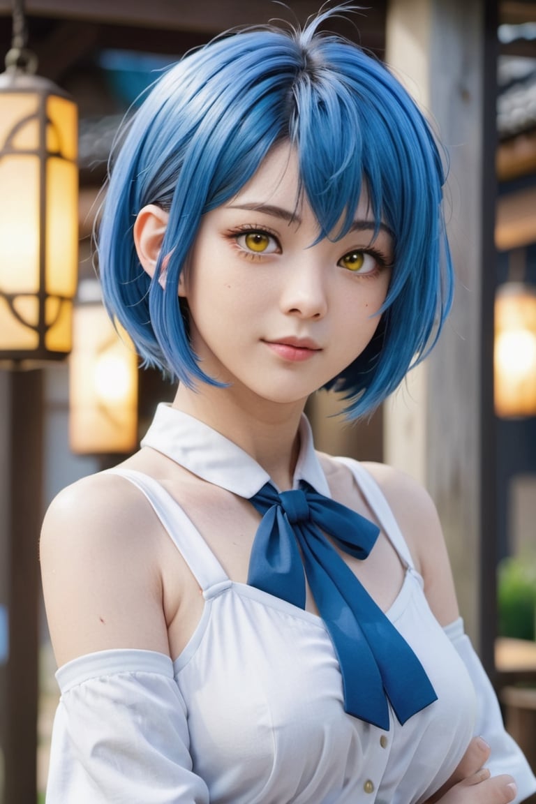 Eula from genshin impact, blue hair, short hair, cute face, yellow eyes,korean girl