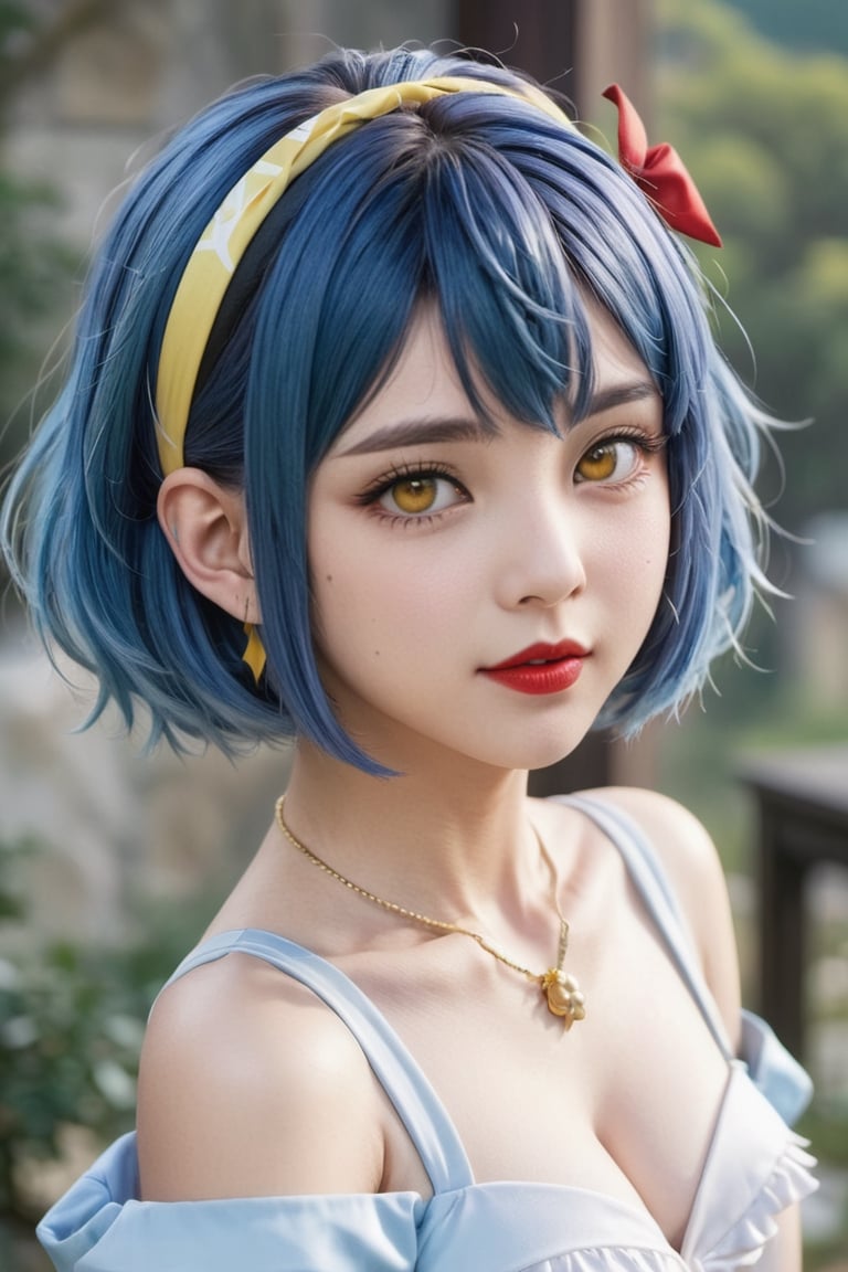 Eula from genshin impact, blue hair, short hair, hairband, cute face, yellow eyes,korean girl, red lipstick