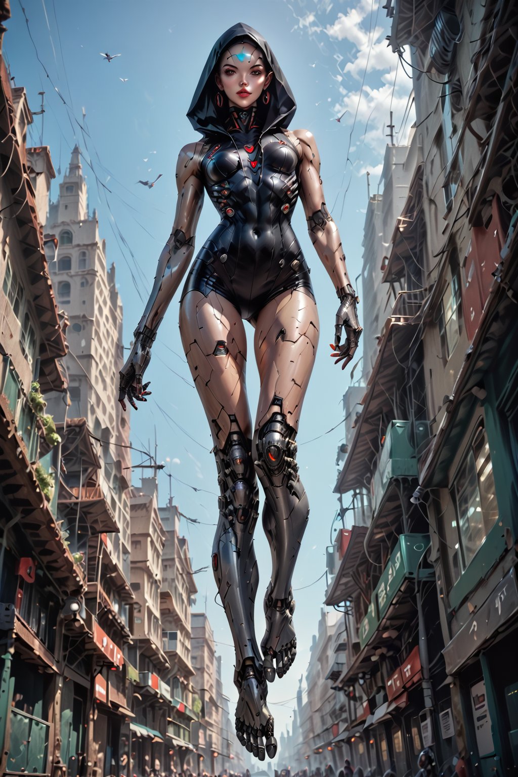 score_9, score_8_up, score_7_up, score_6_up, source_realistic, hyper-realistic details, extrem photorealism, high quality v3;

 ((cyborg and mechanic elements));

main character: "cyborg1";

scenery: ((( wide angle, front view, cyborg1 in T-pose flying over a city )));

cyborg1 body:
((( 2,5 meter tall, elongated female cyborg with cyborg bald head and uncovered feminine face ))),
visible joints,
well-toned and trained female body,
barefoot,
visible mechanical feet and toes, no shoes, no heels,
tiny breasts,
slim narrow shoulders,
slim narrow hip pelvis,
slim narrow legs,
slim thighs,
slim waist,
longer neck,
long arms,
long legs,
small butt,
tiny butt,
flat_butt;

cyborg1 body colors:  wine_red-metallic bodysuit with gold accents, reflecting and mirroring surface, with a front opened hooded bolero, head under the hood;