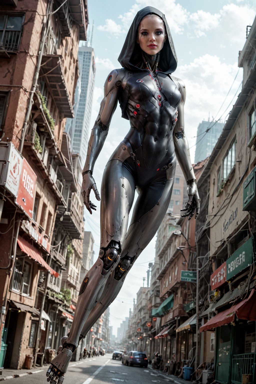 score_9, score_8_up, score_7_up, score_6_up, source_realistic, hyper-realistic details, extrem photorealism, high quality v3;

 ((cyborg and mechanic elements));

main character: "cyborg1";

scenery: ((( wide angle, front view, cyborg1 in T-pose flying over a city )));

cyborg1 body:
((( 2,5 meter tall, elongated female cyborg with cyborg bald head and uncovered feminine face ))),
visible joints,
well-toned and trained female body,
barefoot,
visible mechanical feet and toes, no shoes, no heels,
tiny breasts,
slim narrow shoulders,
slim narrow hip pelvis,
slim narrow legs,
slim thighs,
slim waist,
longer neck,
long arms,
long legs,
small butt,
tiny butt,
flat_butt;

cyborg1 body colors:  wine_red-metallic bodysuit with gold accents, reflecting and mirroring surface, with a front opened hooded bolero, head under the hood;