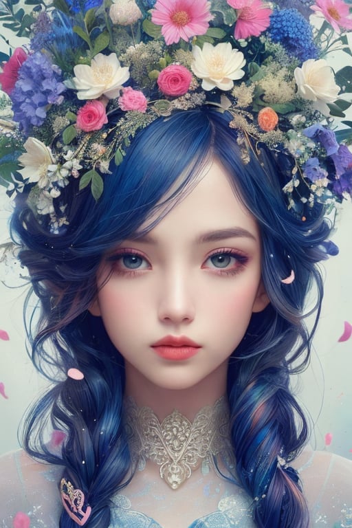 A captivating digital art portrait of a young woman surrounded by a vibrant array of flowers. Her wavy, dark blue hair frames her face, blending seamlessly with the floral elements around her. The flowers, in shades of orange, blue, and white, create a striking contrast against her pale skin. She gazes directly at the viewer with an intense, almost ethereal expression. The intricate details of the petals and leaves intertwine with her hair, giving the impression that she is one with nature. The overall composition is both delicate and dramatic, evoking a sense of mystery and enchantment.