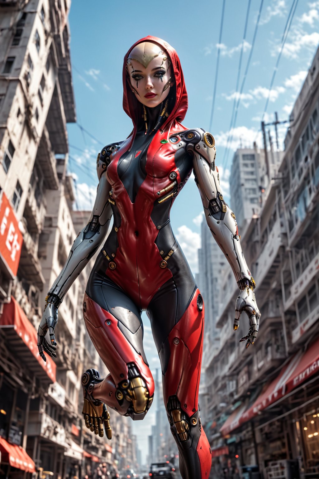 score_9, score_8_up, score_7_up, score_6_up, source_realistic, hyper-realistic details, extrem photorealism, high quality v3;

 ((cyborg and mechanic elements));

main character: "cyborg1";

scenery: ((( wide angle, front view, cyborg1 in T-pose flying over a city )));

cyborg1 body:
((( 2,5 meter tall, elongated female cyborg with cyborg bald head and uncovered feminine face ))),
visible joints,
well-toned and trained female body,
barefoot,
visible mechanical feet and toes, no shoes, no heels,
tiny breasts,
slim narrow shoulders,
slim narrow hip pelvis,
slim narrow legs,
slim thighs,
slim waist,
longer neck,
long arms,
long legs,
small butt,
tiny butt,
flat_butt;

cyborg1 body colors:  wine_red-metallic bodysuit with gold accents, reflecting and mirroring surface, with a front opened hooded bolero, head under the hood;