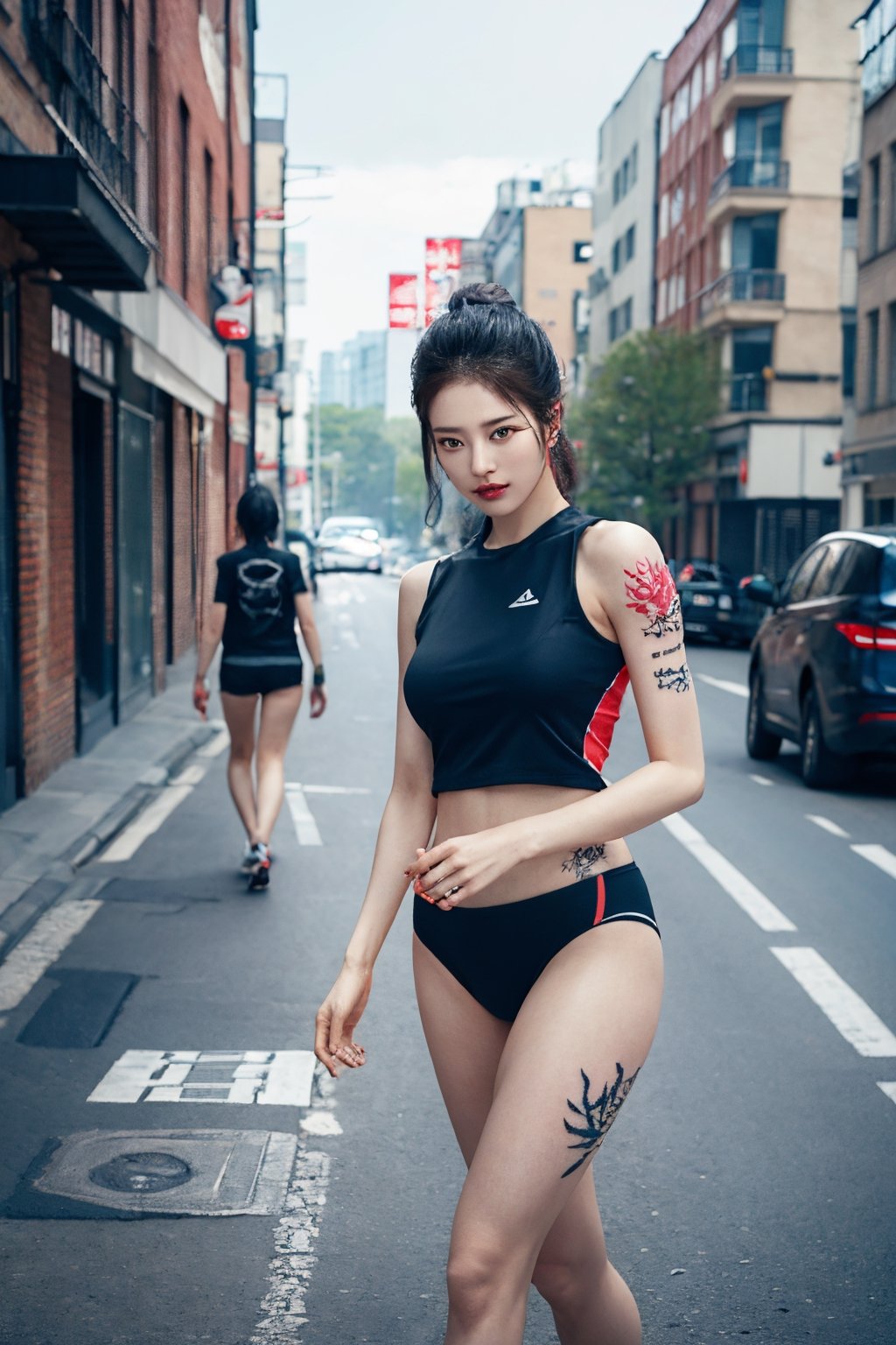 tattoo, 1girls, dragontattoo, modelpose, realistic, body_tattoo, background_city, 8k, colorful, sportswear, sportwear, yakuza_tattoo, tatoo, city, suzylorashy, street