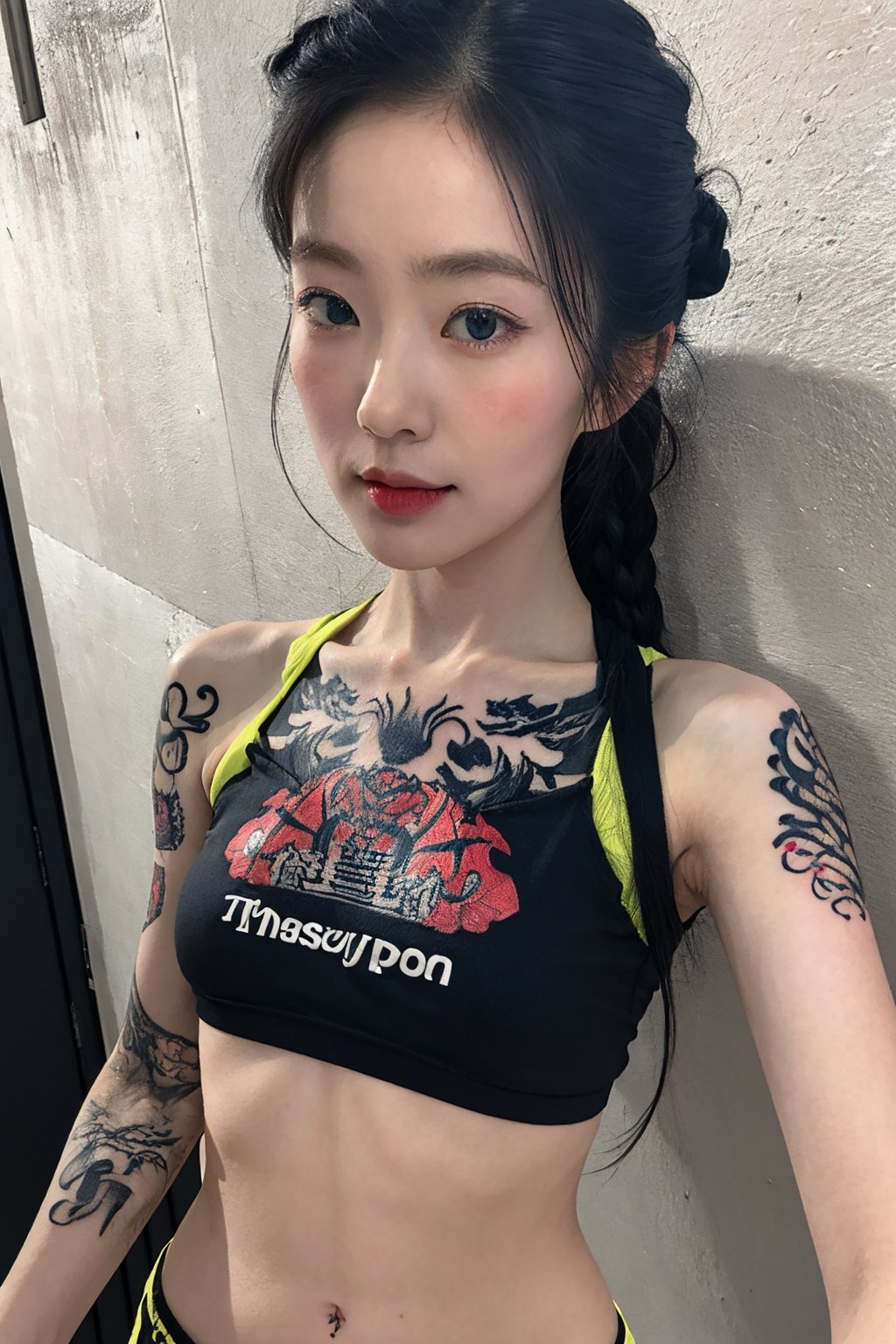 tattoo, 1girls, dragontattoo, modelpose, realistic, body_tattoo, background_city, 8k, colorful, sportswear, sportwear, yakuza_tattoo, tatoo, irenelorashy, cityscape, street