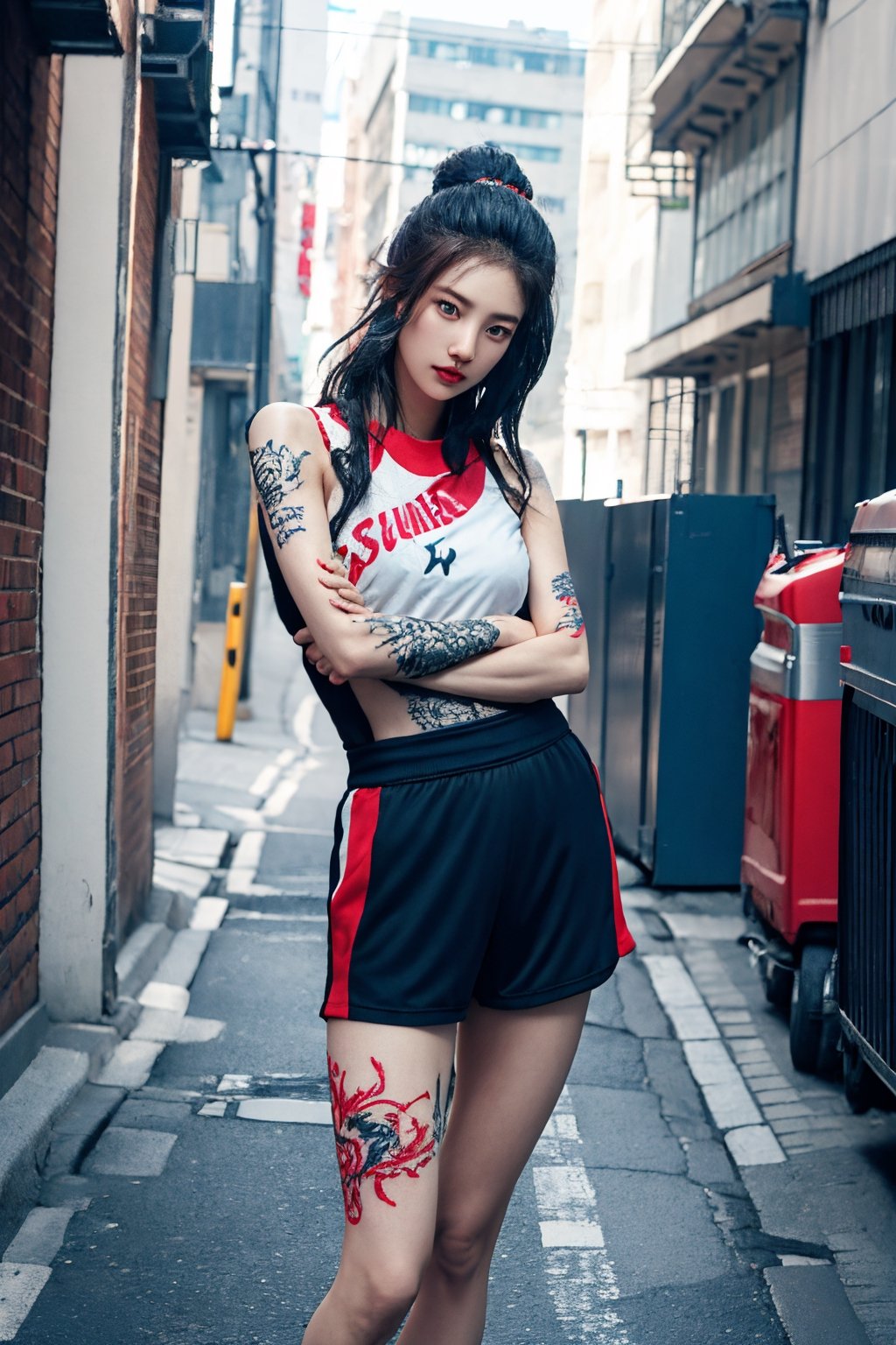 tattoo, 1girls, dragontattoo, modelpose, realistic, body_tattoo, background_city, 8k, colorful, sportswear, sportwear, yakuza_tattoo, tatoo, city, suzylorashy, street