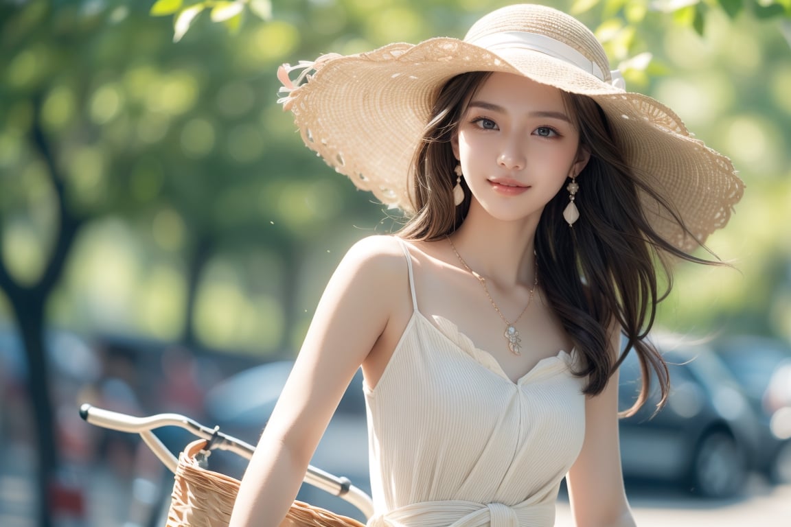 background is lawn,trees,flowers,bicycle,
20 yo, 1 girl, beautiful korean girl, 
wearing lovely white simple dress(strap),happy smile,
ride a bicycle(basket),women hat(short brimmed hat),
solo, {beautiful and detailed eyes}, dark eyes, calm expression, delicate facial features, ((model pose)), Glamor body type, (dark hair:1.2),hair_past_waist,curly hair,very long hair,simple tiny earrings,simple tiny necklace, flim grain, realhands, masterpiece, Best Quality, 16k, photorealistic, ultra-detailed, finely detailed, high resolution, perfect dynamic composition, beautiful detailed eyes, eye smile, ((nervous and embarrassed)), sharp-focus, full_body, cowboy_shot,