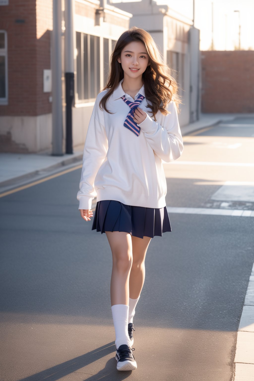 background is high school building,16 yo,beautiful girl,long hair,curly hair,dark brown hair,high school student,wearing school uniform(long sleeves),she is walking on the way to school,smile,Best Quality, 32k, photorealistic, ultra-detailed, finely detailed, high resolution, perfect dynamic composition, beautiful detailed eyes, sharp-focus, cowboy shot,perfect legs,loose socks,white socks,