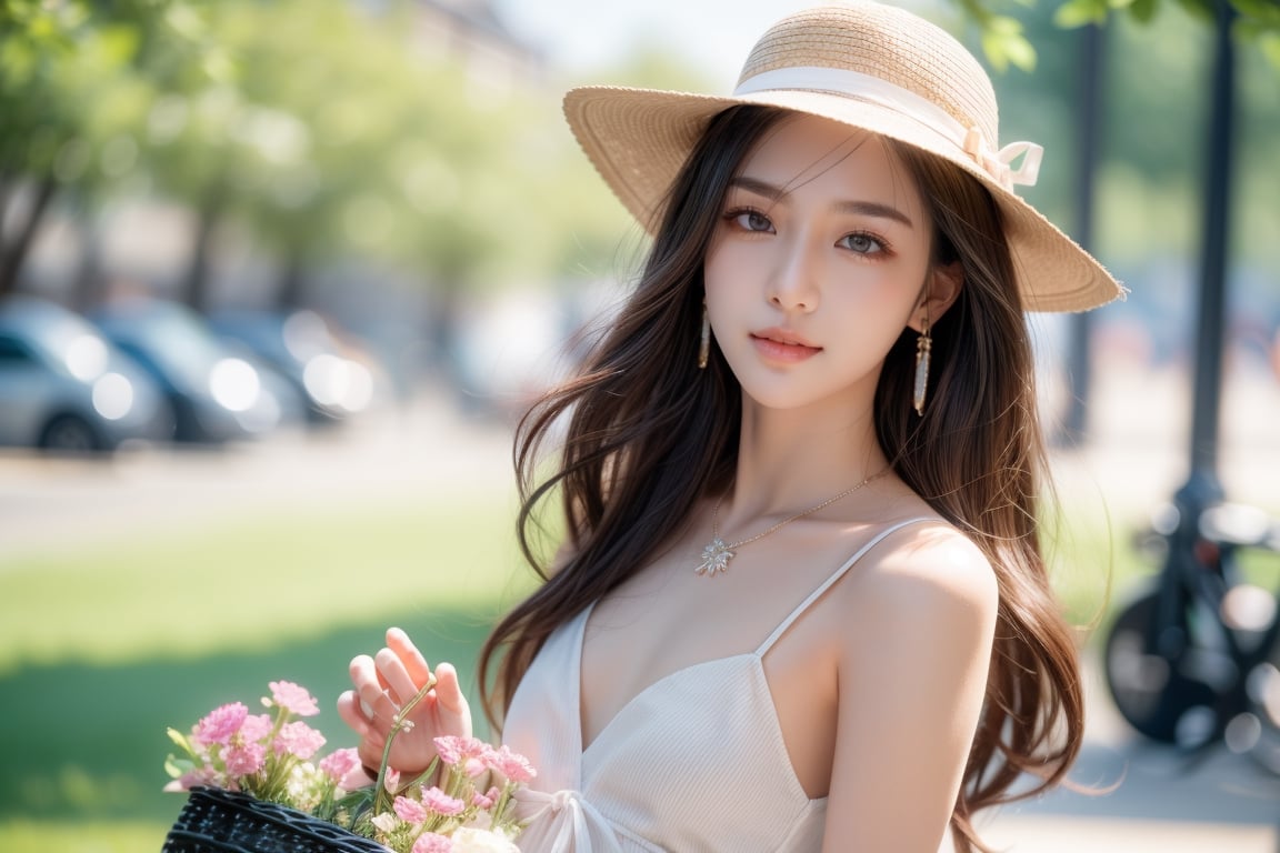 background is lawn,trees,flowers,bicycle,
20 yo, 1 girl, beautiful korean girl, 
wearing lovely white simple dress(strap),happy smile,
riding on a bicycle(basket),women hat(short brimmed hat),
solo, {beautiful and detailed eyes}, dark eyes, calm expression, delicate facial features, ((model pose)), Glamor body type, (dark hair:1.2),hair_past_waist,curly hair,very long hair,simple tiny earrings,simple tiny necklace, flim grain, realhands, masterpiece, Best Quality, 16k, photorealistic, ultra-detailed, finely detailed, high resolution, perfect dynamic composition, beautiful detailed eyes, eye smile, ((nervous and embarrassed)), sharp-focus, full_body, cowboy_shot,